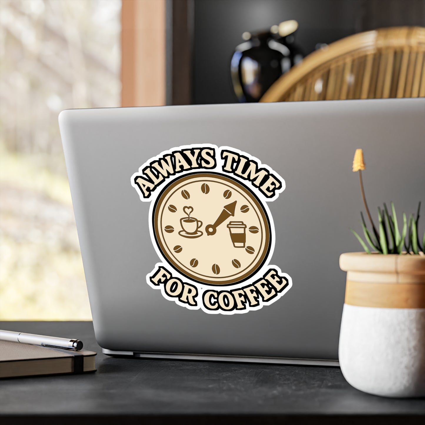 Coffee Sticker "Always Time For Coffee" – Espresso Vinyl Decals for Laptop, Water Bottle – Caffeine Clock Design, Waterproof