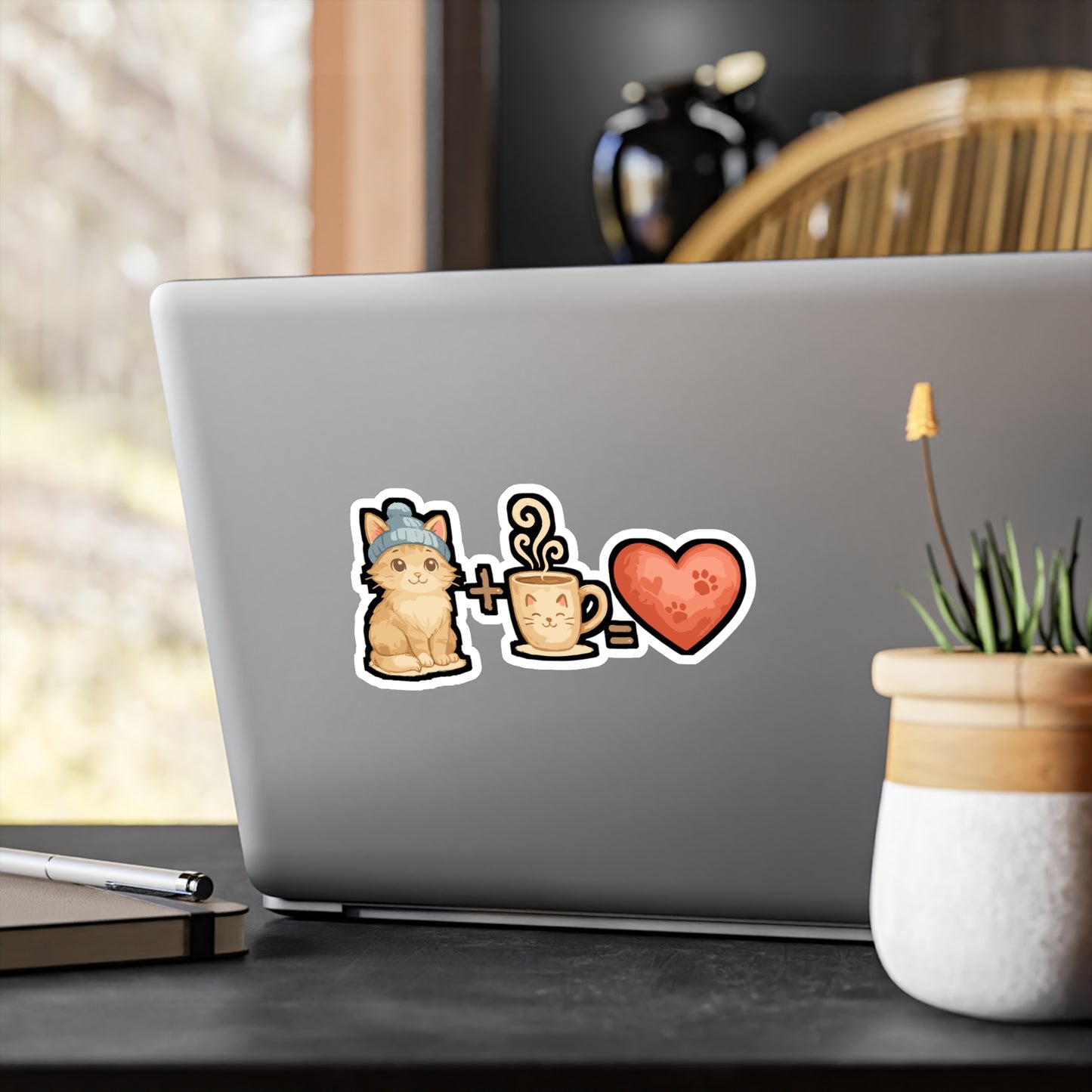 Cat plus Coffee is equal to Heart - Cat Sticker for Laptop, Water Bottle - Gift for Pet Lovers, Coffee Fans