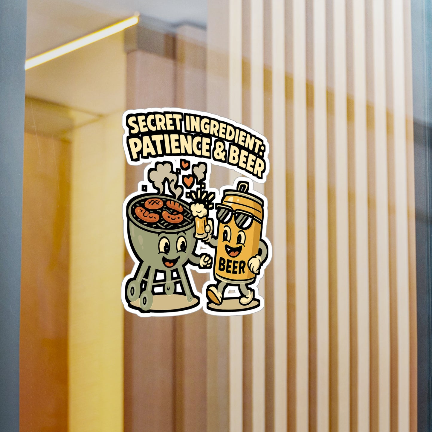 Cartoon Sticker - Secret Ingredient Patience Beer Decals, Smiling Grill Barbecue Design, Waterproof Vinyl for Laptop or Water Bottle