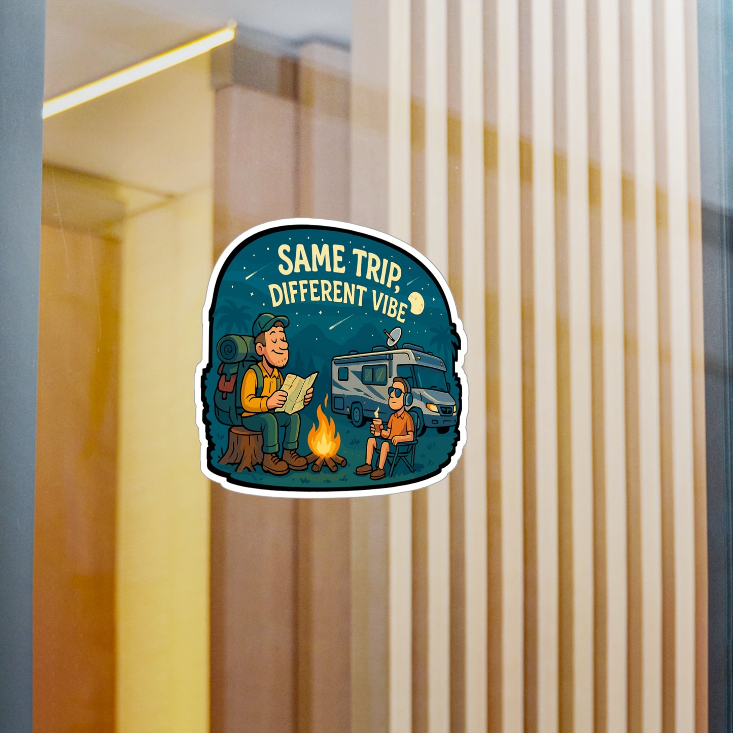 Backpacker Sticker – "Same Trip Different Vibe" Vinyl Decals for RV, Camping, Stargazing – Waterproof Laptop, Water Bottle Accessory
