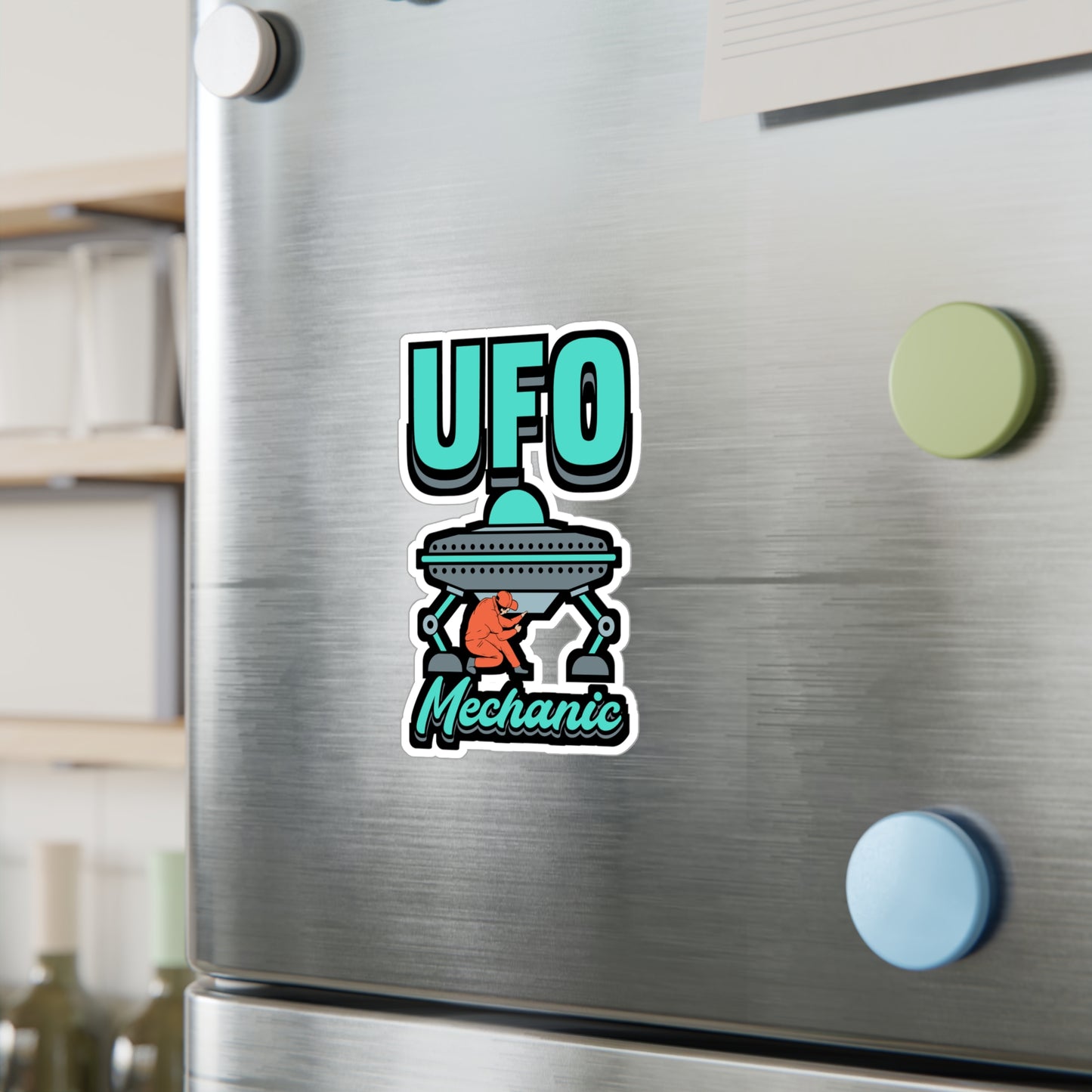 UFO Mechanic - Alien Sticker for Car Window Laptop Sticker. Water Bottle Sticker, Vinyl Space Decal, Area 51 Sticker - Alien Gift