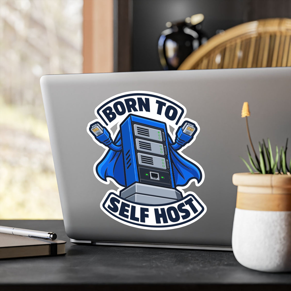 Tech Sticker Born To Self Host – Reboot Button and Bandage Design Decals for Laptop and Water Bottle