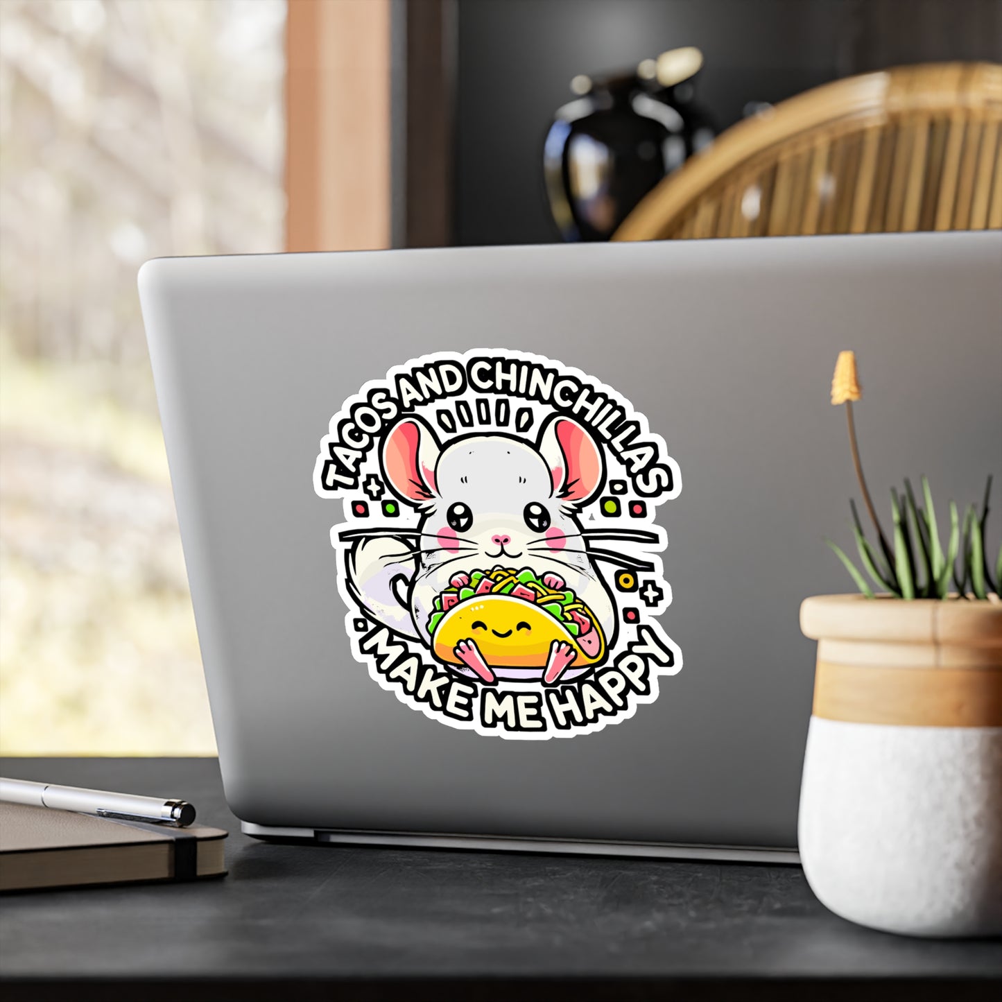 Tacos & Chinchillas Make Me Happy – Vinyl Sticker for Laptop & Water Bottle | Cute Chinchilla Gift for Animal Lovers
