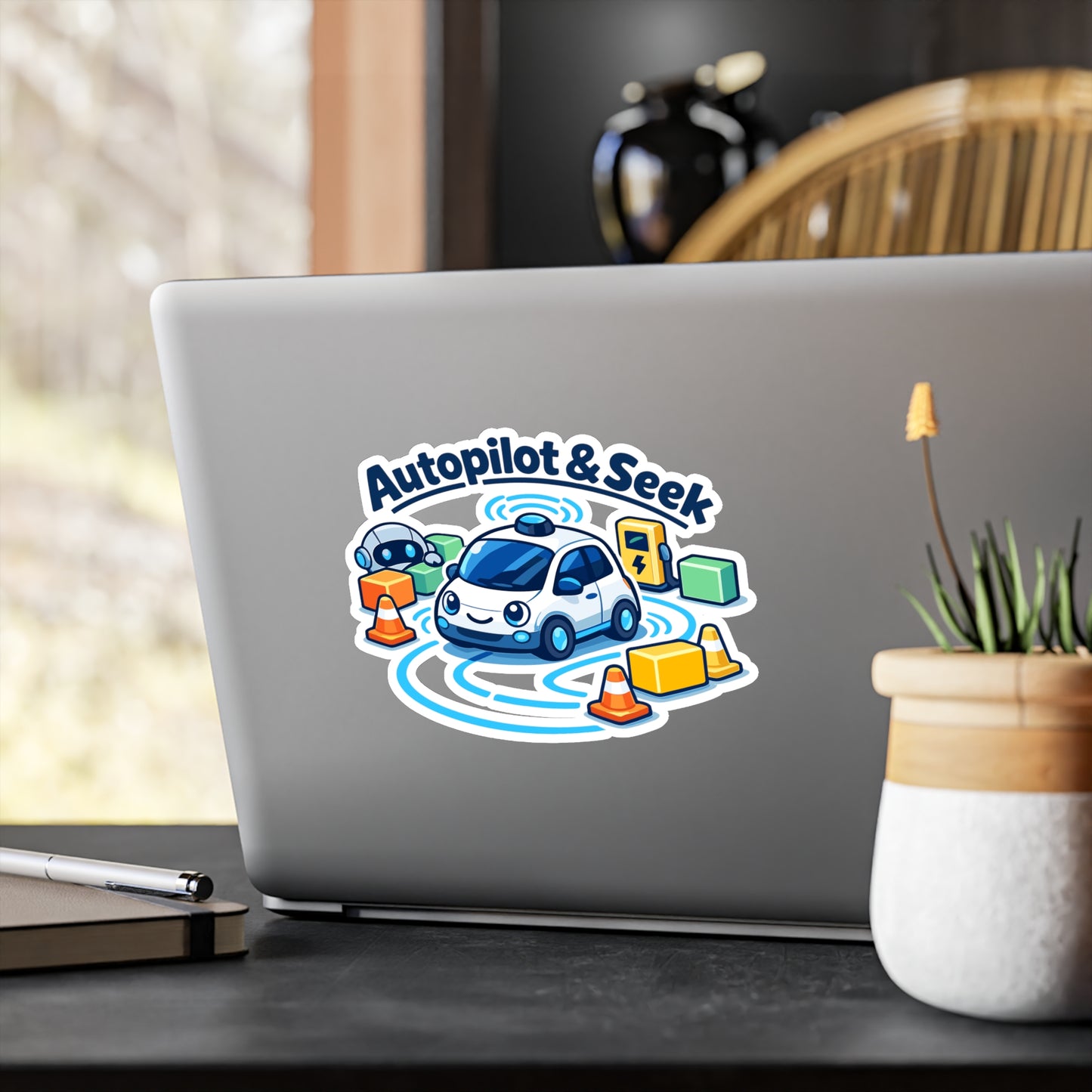 Electric Car Sticker Autopilot & Seek – Waterproof Vinyl Decals for Laptop, Water Bottle, Rechargeable Battery Vehicle Lovers