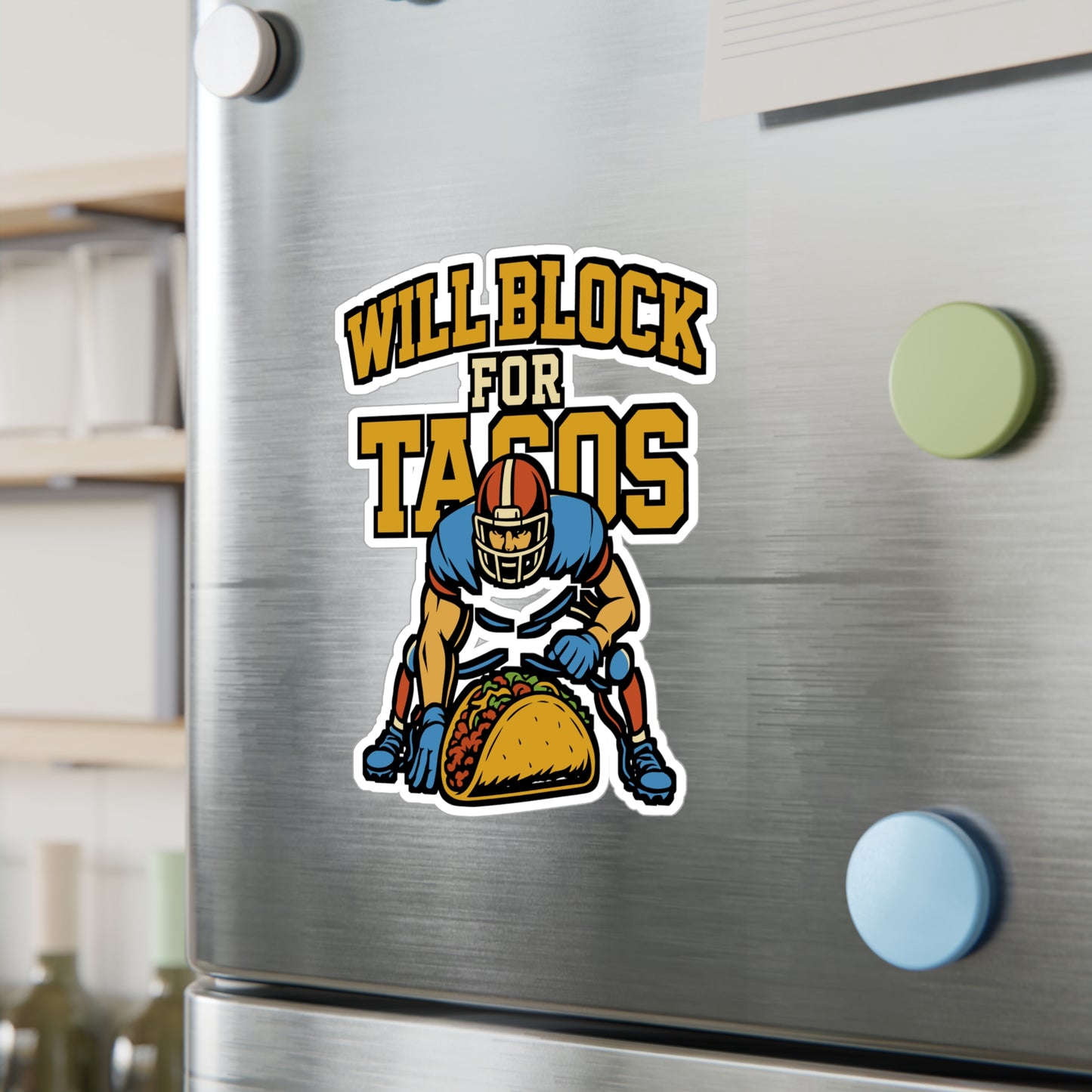 Will Block For Tacos – Funny Football Sticker for Laptop or Water Bottle | Vinyl Sports Decal & Taco Lover Gift