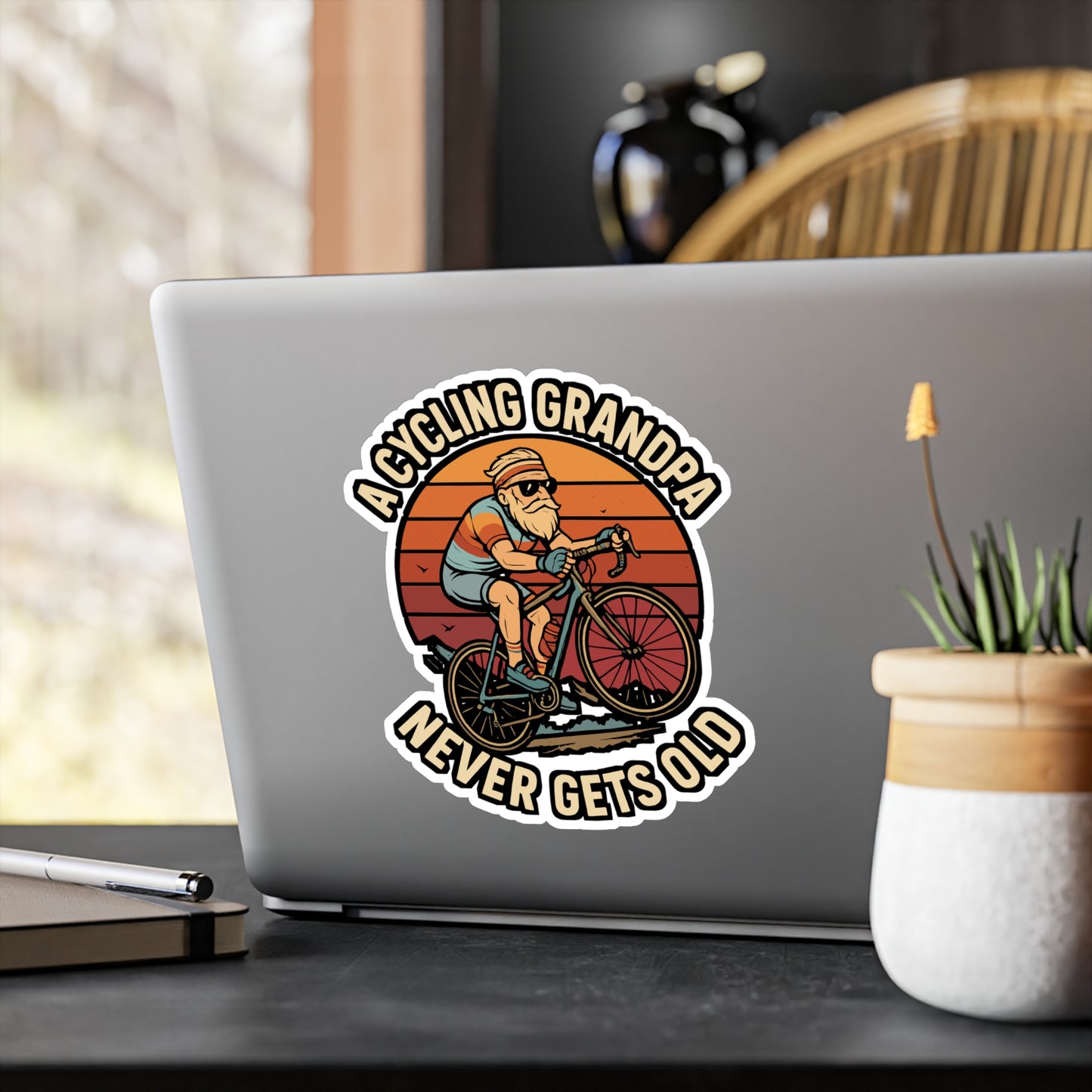 Cycling Sticker – "A Cycling Grandpa Never Gets Old" Decals, Waterproof Vinyl for Laptop, Water Bottle, Bike, Chain Crank Pedal Theme