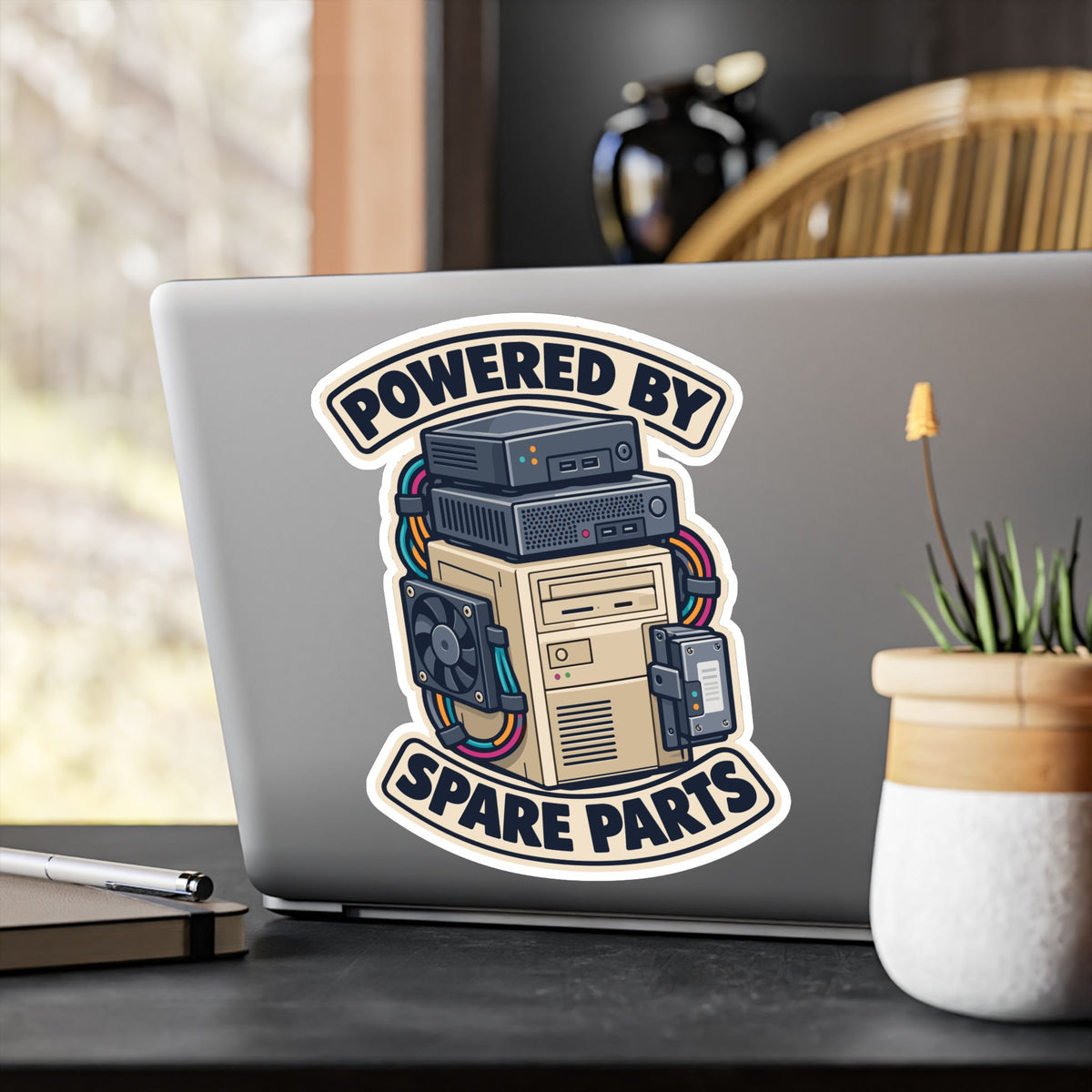 Tech Sticker Powered By Spare Parts – Reboot Button and Bandage Design Decals for Laptop or Water Bottle