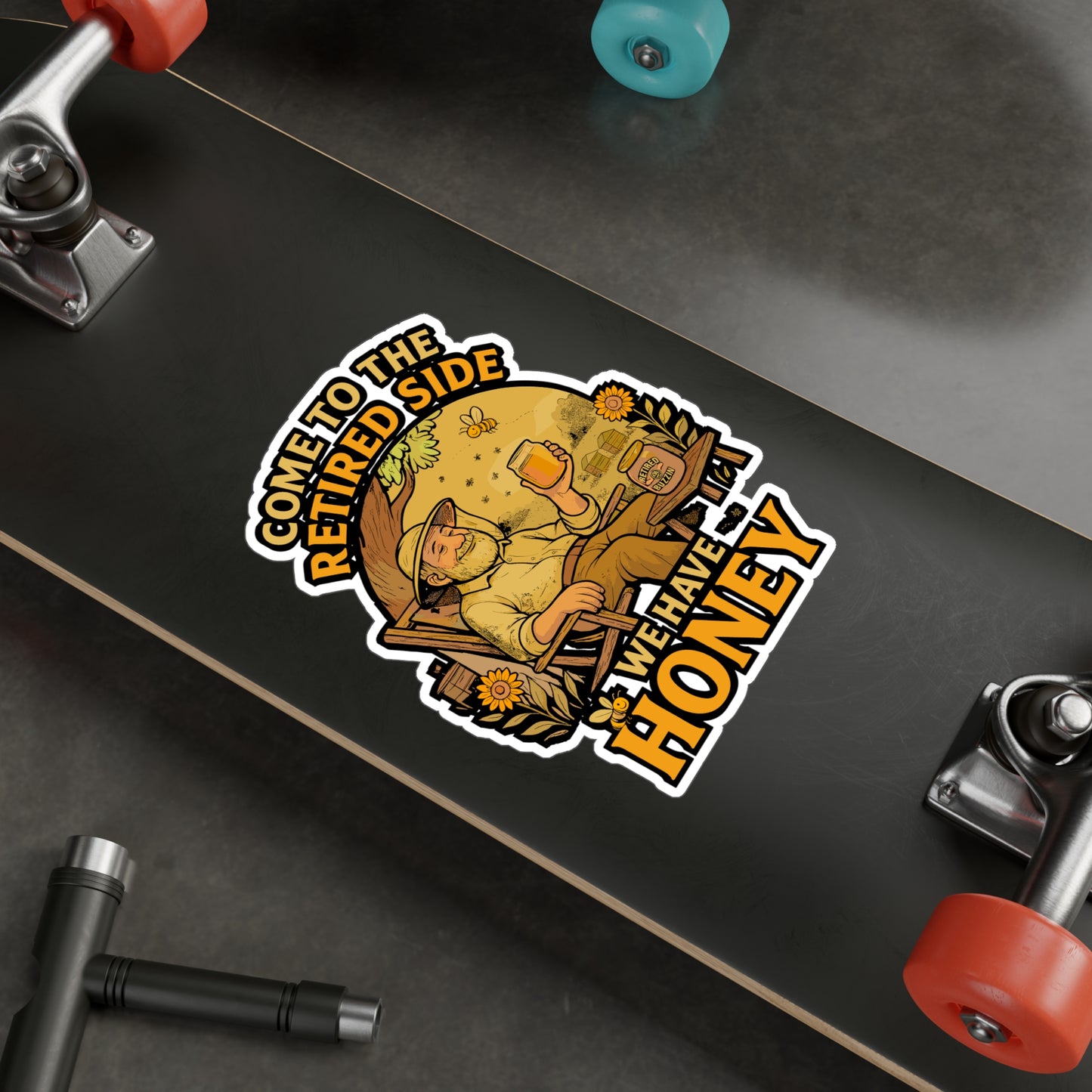 Come To The Retired Side We Have Honey – Beekeeping Sticker for Laptops, Water Bottles & Car Windows | Funny Retired Beekeeper Gift