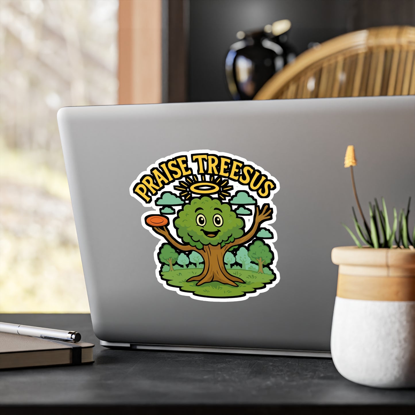 Disc Golf Sticker, Praise Treesus Design – Funny Frisbee Player Decals for Laptop, Water Bottle, Outdoors, Waterproof Vinyl
