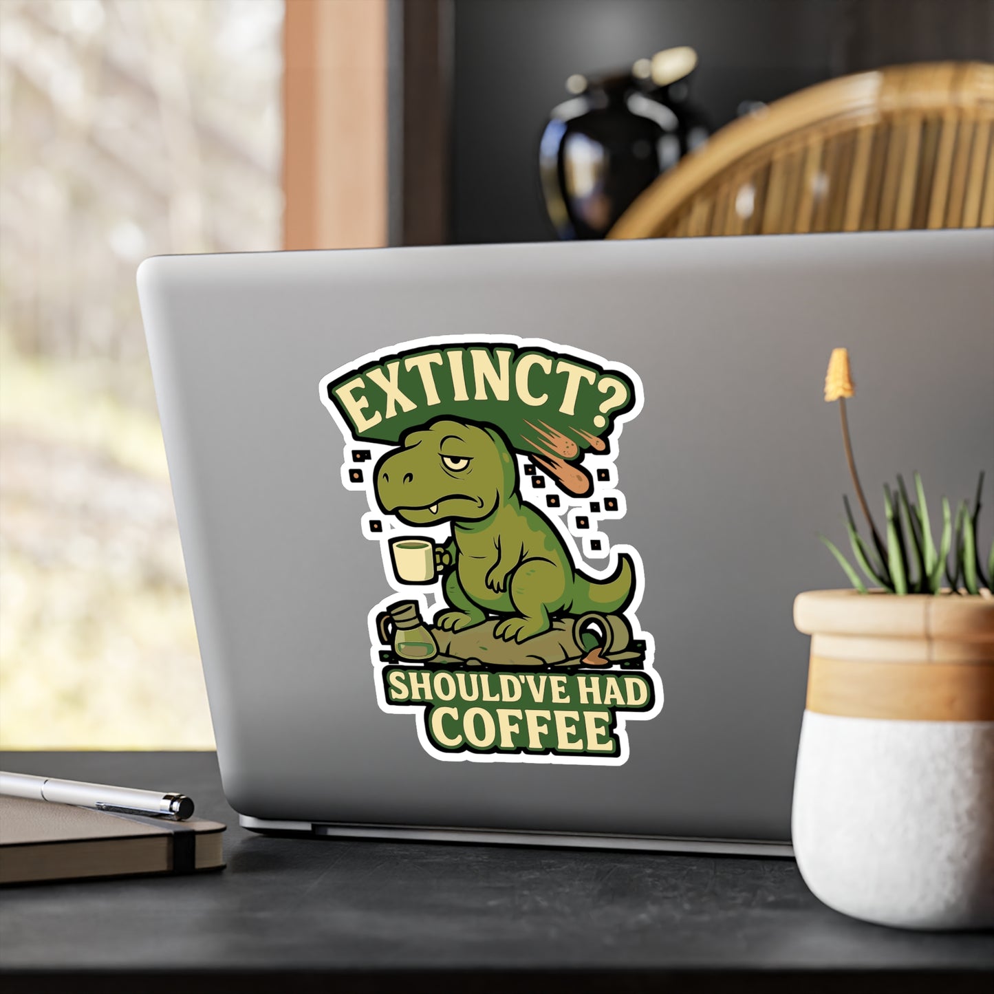 Dinosaur Sticker – "Extinct Shouldve Had Coffee" Funny Coffee Decals, Waterproof Vinyl for Laptop, Water Bottle, Caffeine Lover Gift