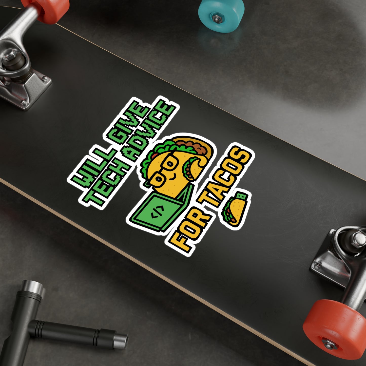 Will Give Tech Advice For Tacos – Funny Computer Sticker for Laptop, Water Bottle, and Gear | Vinyl Geek Decal, Tech Gift