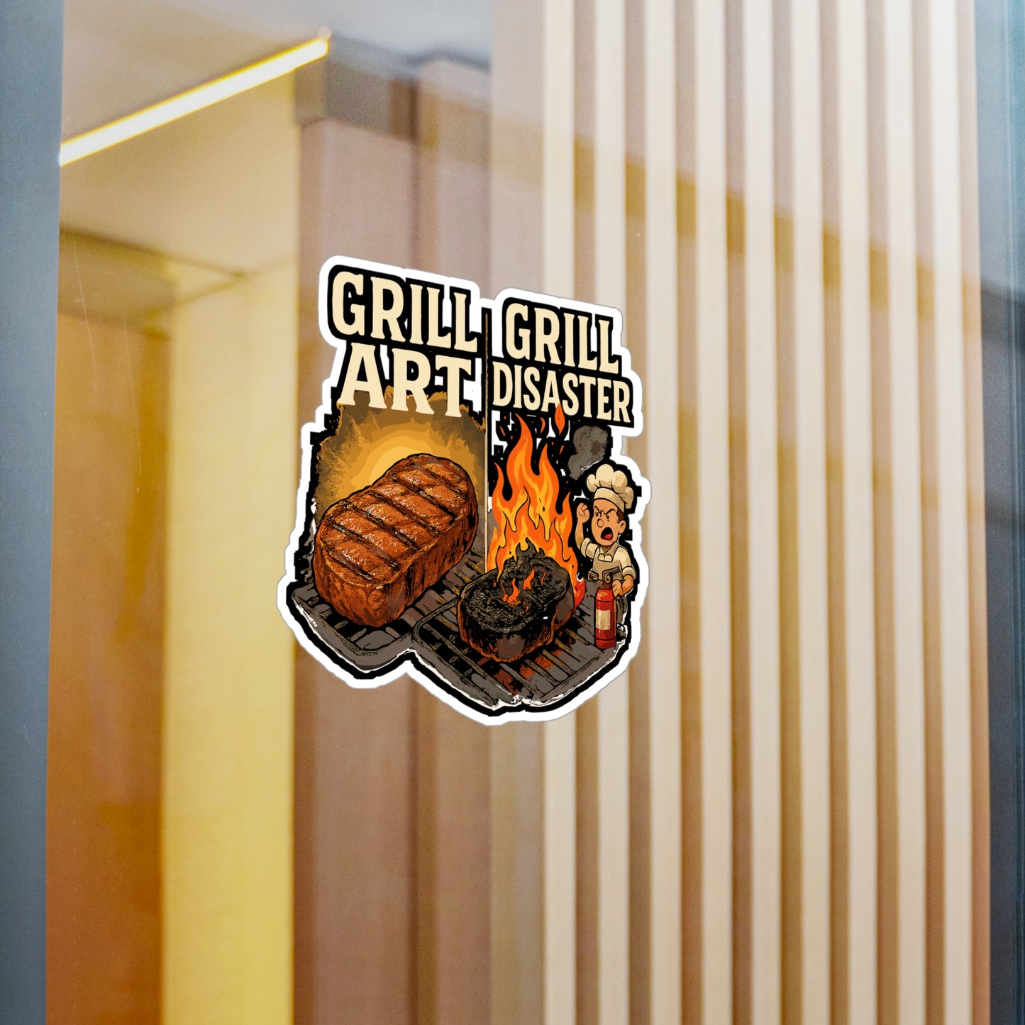 BBQ Sticker – Grill Art Vs Grill Disaster Decals, Waterproof Vinyl for Laptop or Water Bottle, Grilling Flames, Steak Lover Accessory