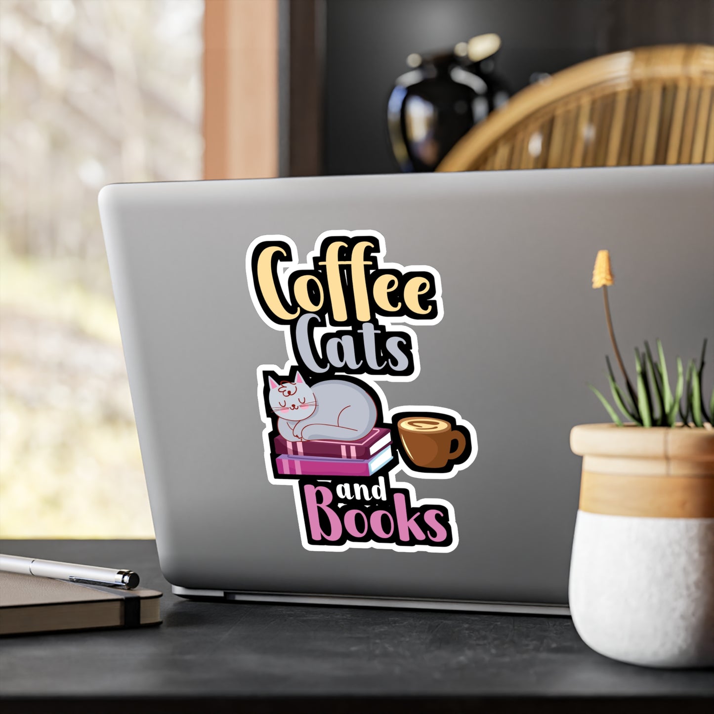 Coffee Cats Books - Coffee Sticker for Wall, Laptop, Window, Truck, Car Coffee Gift Vinyl Cats Decal Sticker