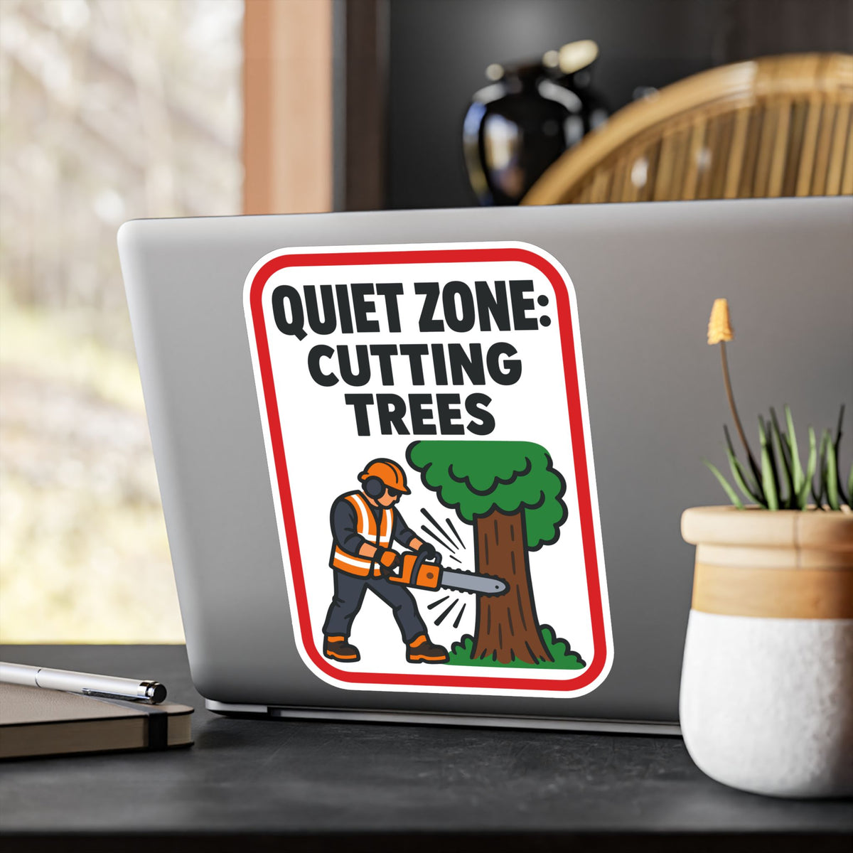 Tree Sticker - Quiet Zone: Cutting Trees - Funny Design for a Tree Worker or Branch Manager, Laptop and Water Bottle Decals