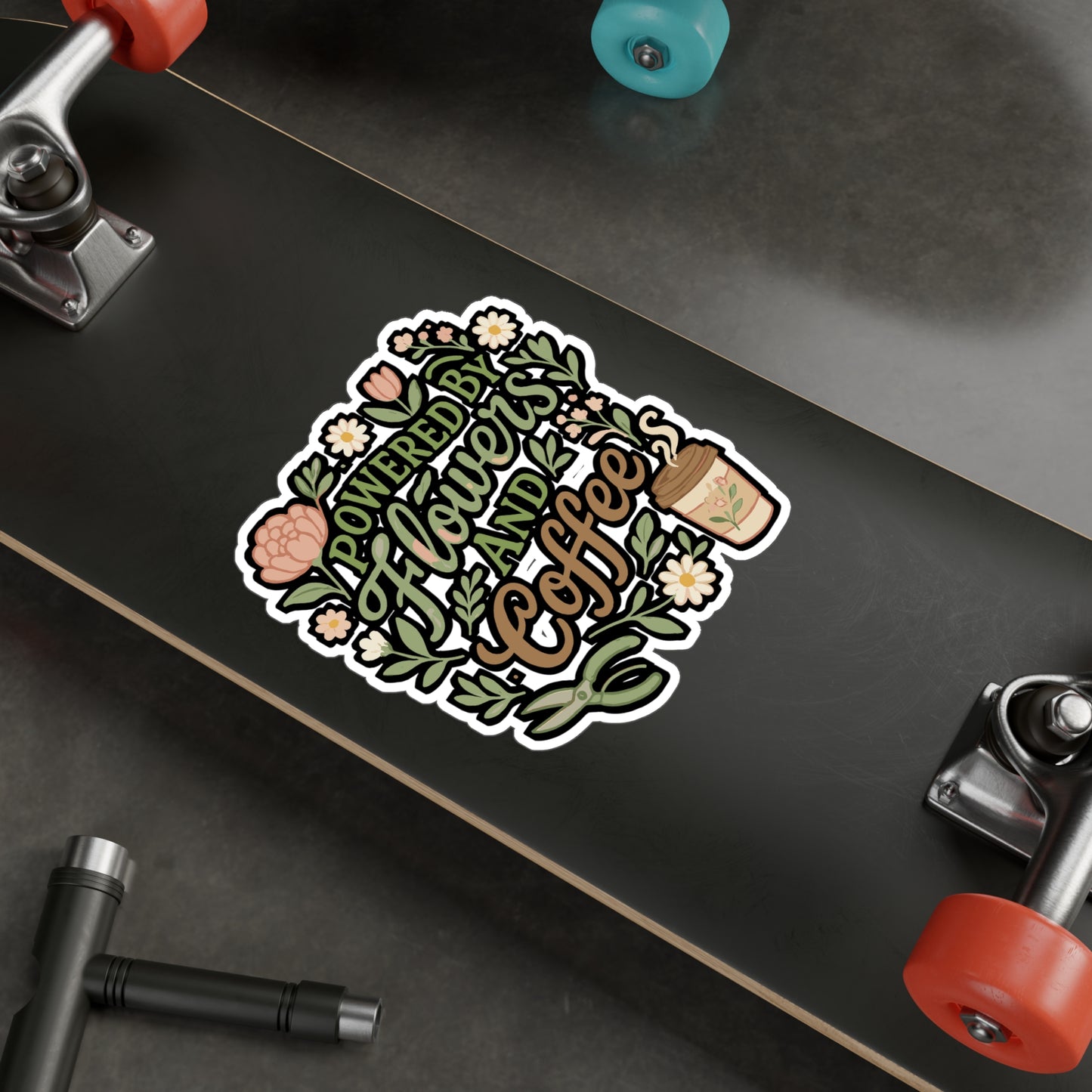 Powered By Flowers And Coffee - Florists Sticker for Laptop, Water Bottle, Gift for Flower Shop Owners, Botanical Lover