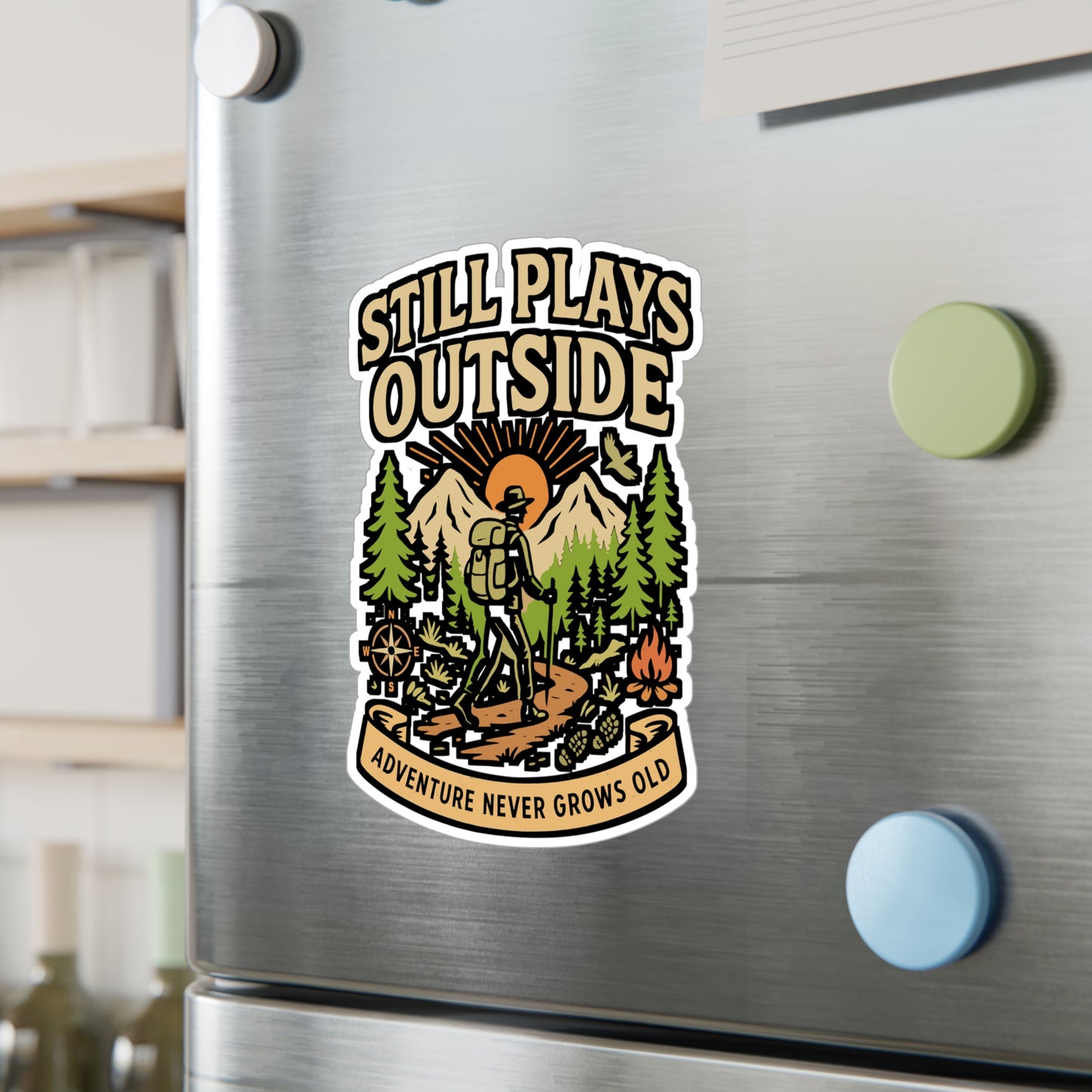 Still Plays Outside – Hiking Sticker for Laptop or Water Bottle | Vinyl Camping Decal, Nature Lover Gift