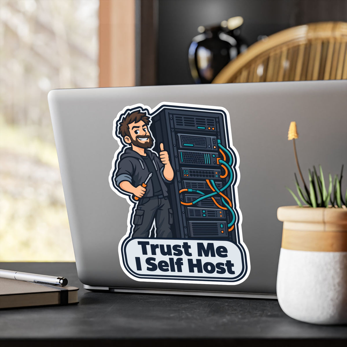 Tech Sticker – Trust Me I Self Host, Reboot Button Humor with a Bandage Twist, Decals for Laptop and Water Bottle