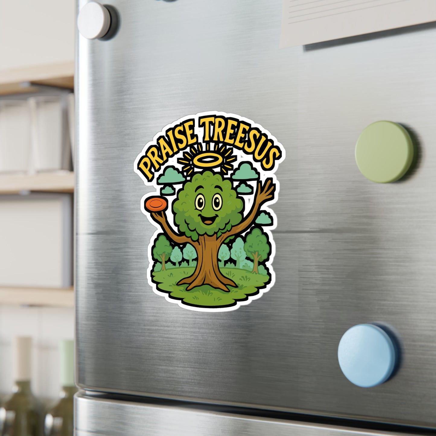 Disc Golf Sticker, Praise Treesus Design – Funny Frisbee Player Decals for Laptop, Water Bottle, Outdoors, Waterproof Vinyl