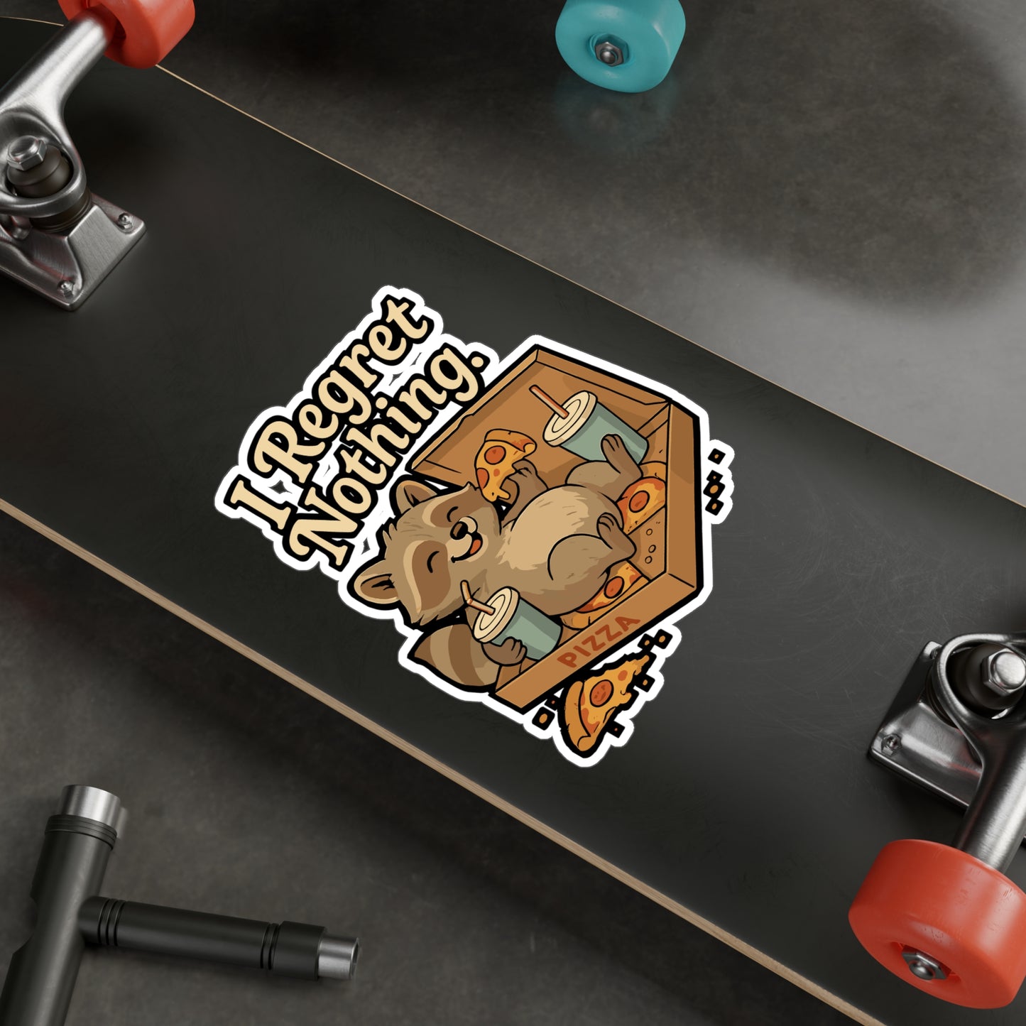 Lazy Sticker – "I Regret Nothing" Raccoon Pizza Decals, Funny Snack Vinyl Waterproof Sticker for Laptop, Water Bottle, Durable Decor