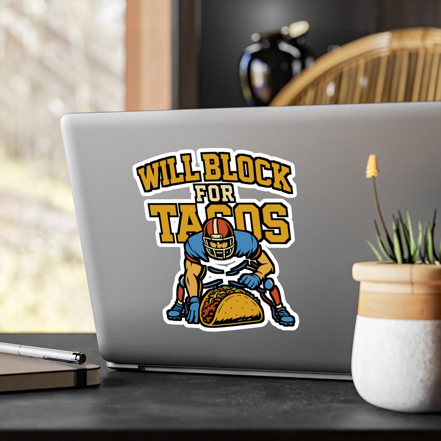 Will Block For Tacos – Funny Football Sticker for Laptop or Water Bottle | Vinyl Sports Decal & Taco Lover Gift