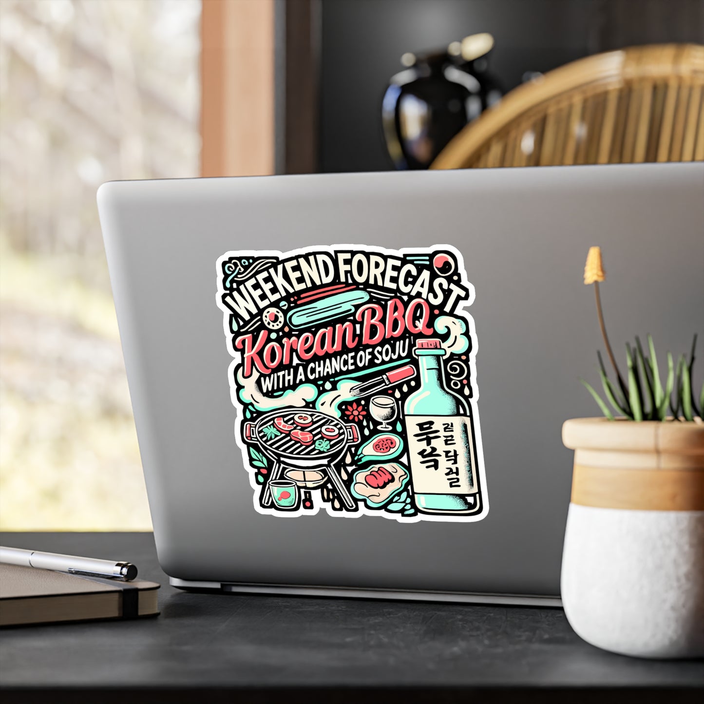 Weekend Forecast Korean BBQ with a Chance of Soju – Vinyl Sticker for Laptop or Water Bottle | Korean BBQ Gift, Cuisine Decal, Soju Lover Gift