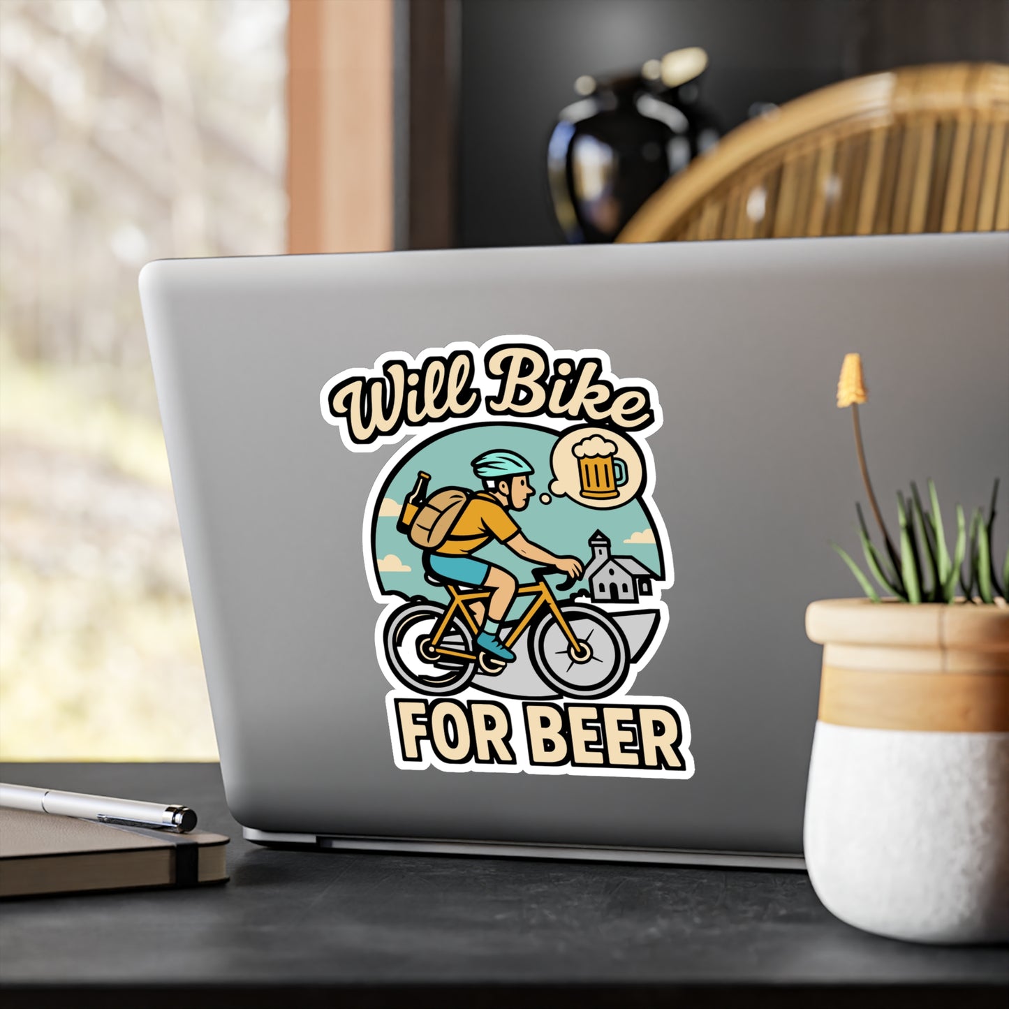 Will Bike for Beer – MTB Sticker for Car, Laptop, Water Bottle & Mountain Biker Gifts
