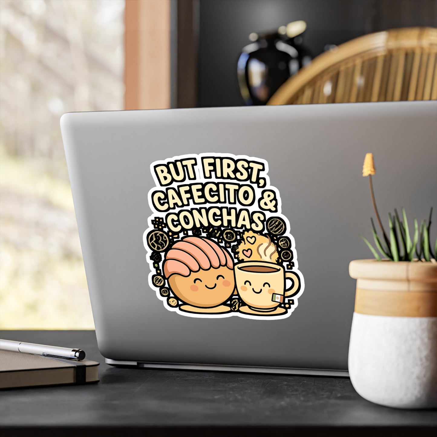 Concha Sticker Decals – "But First Cafecito & Conchas" Vinyl Waterproof Coffee Lover Design for Laptop, Water Bottle, Caffeine Gifts