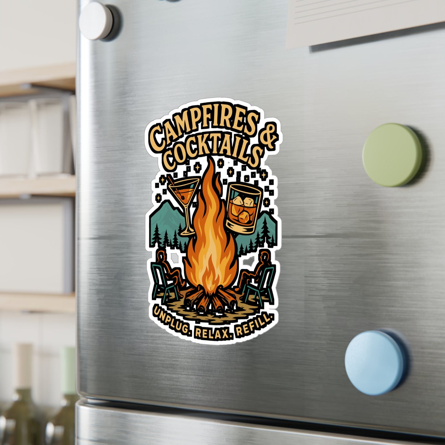 Campfires & Cocktails – Camping Sticker for Laptop or Water Bottle | Vinyl S’mores Decal, Outdoor Adventure Gift