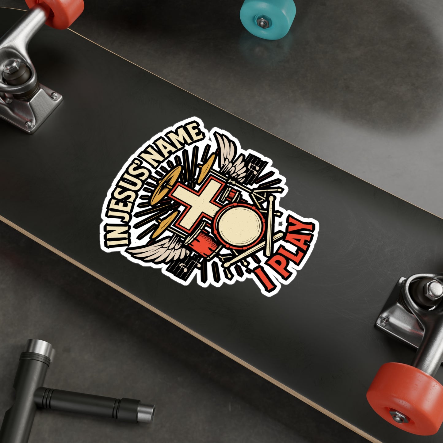 In Jesus Name I Play – Christian Drummer Sticker | Vinyl Decal for Laptop or Water Bottle | Faith-Based Music Gift