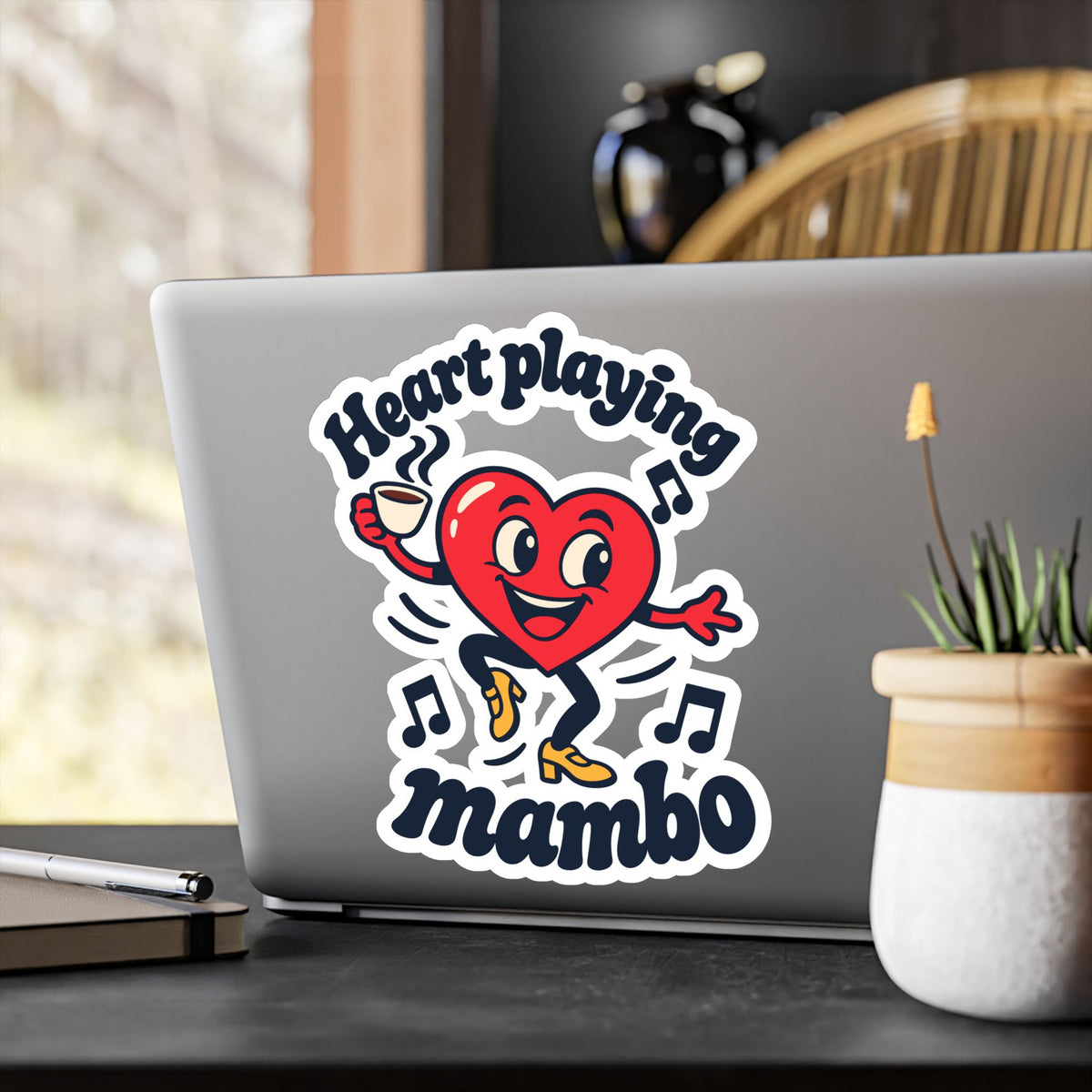 Cartoon Sticker Heart Playing Mambo - Espresso and Music Design Decals for Laptop and Water Bottle