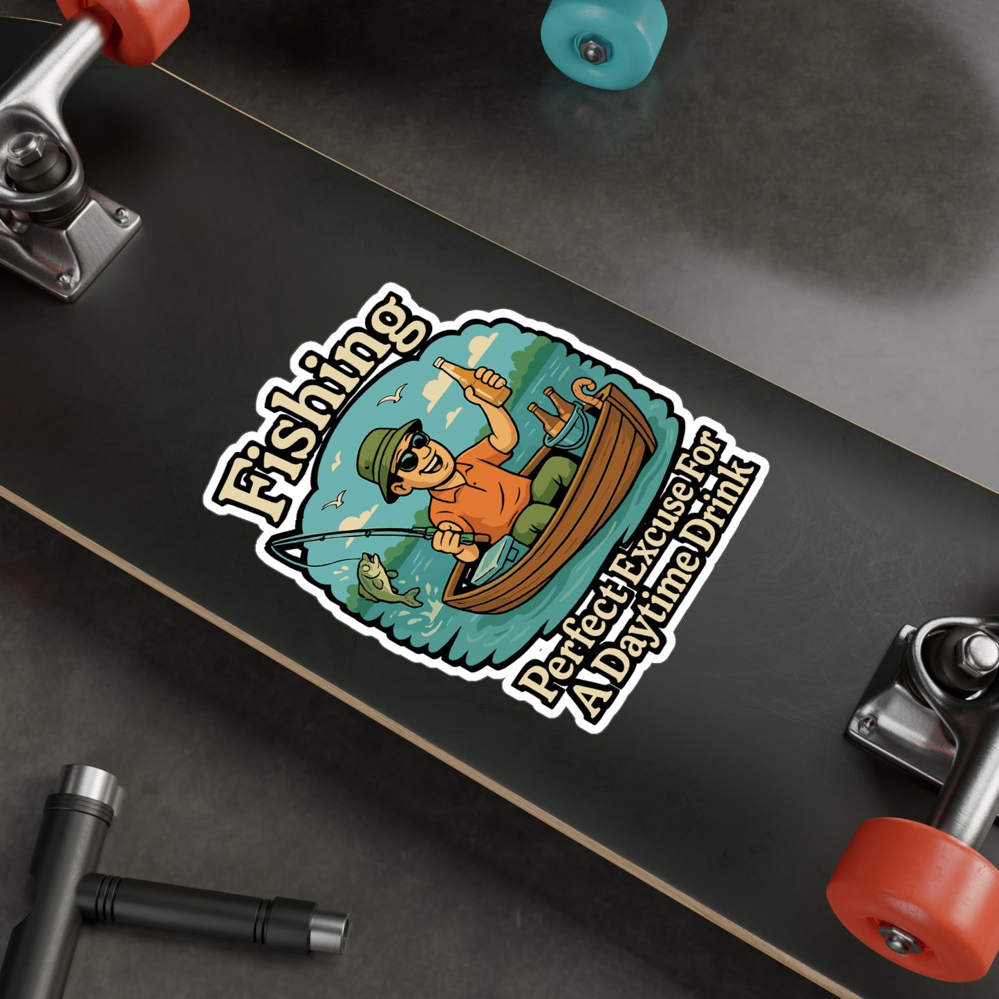 Fishing Sticker – Funny "Fishing – Perfect Excuse For A Daytime Drink" Cartoon Decal, Beer & Alcohol Design, Waterproof Vinyl for Laptop or Water Bottle