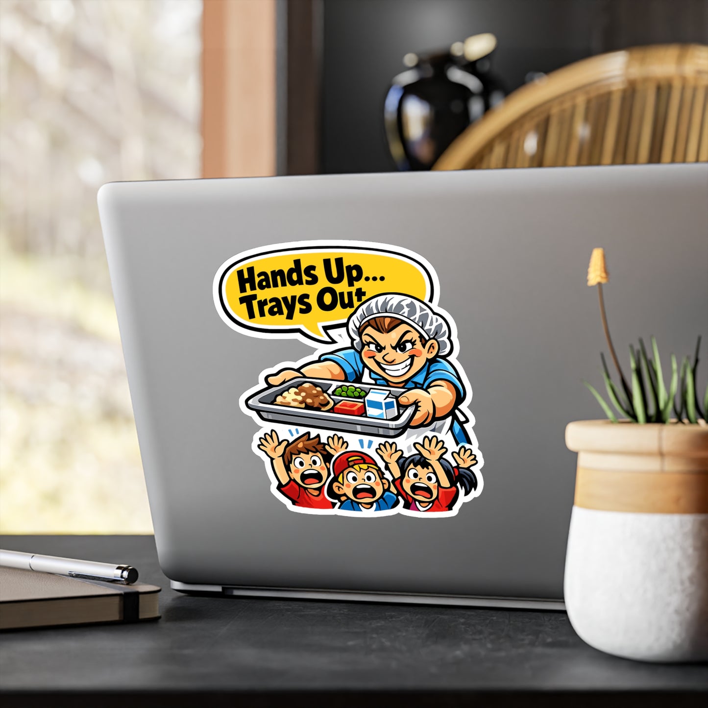 Lunch Lady Sticker “Hands Up... Trays Out” Funny School Canteen Lunch Vinyl Sticker Decals Waterproof for Laptop Water Bottle
