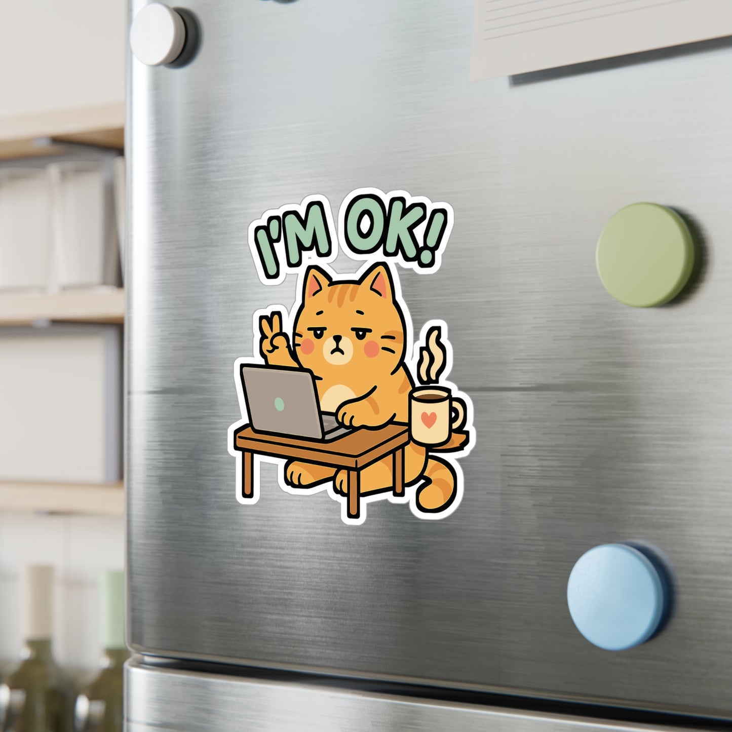 Cat Sticker – "I'm Ok" Cute Burnout Exhaustion Decals for Laptop, Water Bottle – Overwhelmed Cat Vinyl, Waterproof, Funny Gift