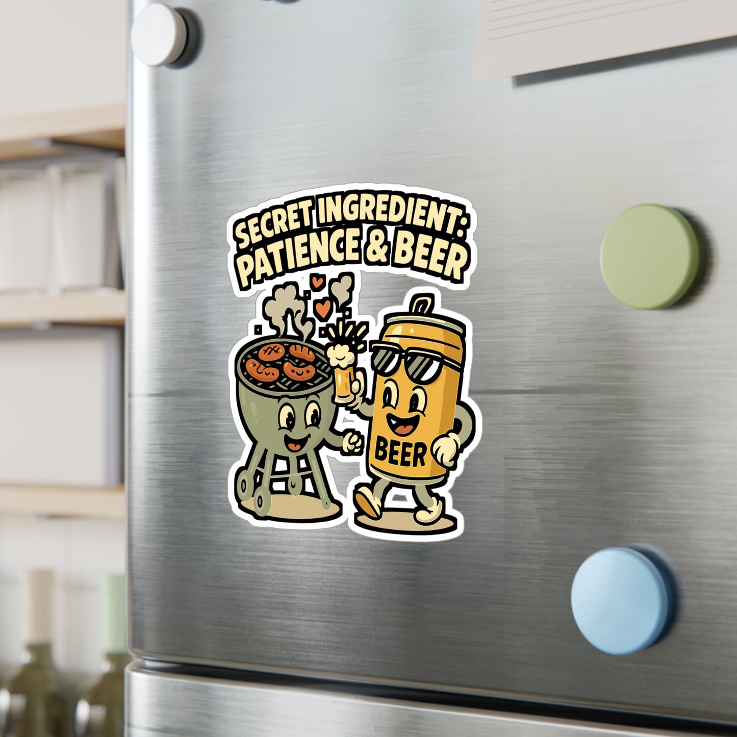 Cartoon Sticker - Secret Ingredient Patience Beer Decals, Smiling Grill Barbecue Design, Waterproof Vinyl for Laptop or Water Bottle