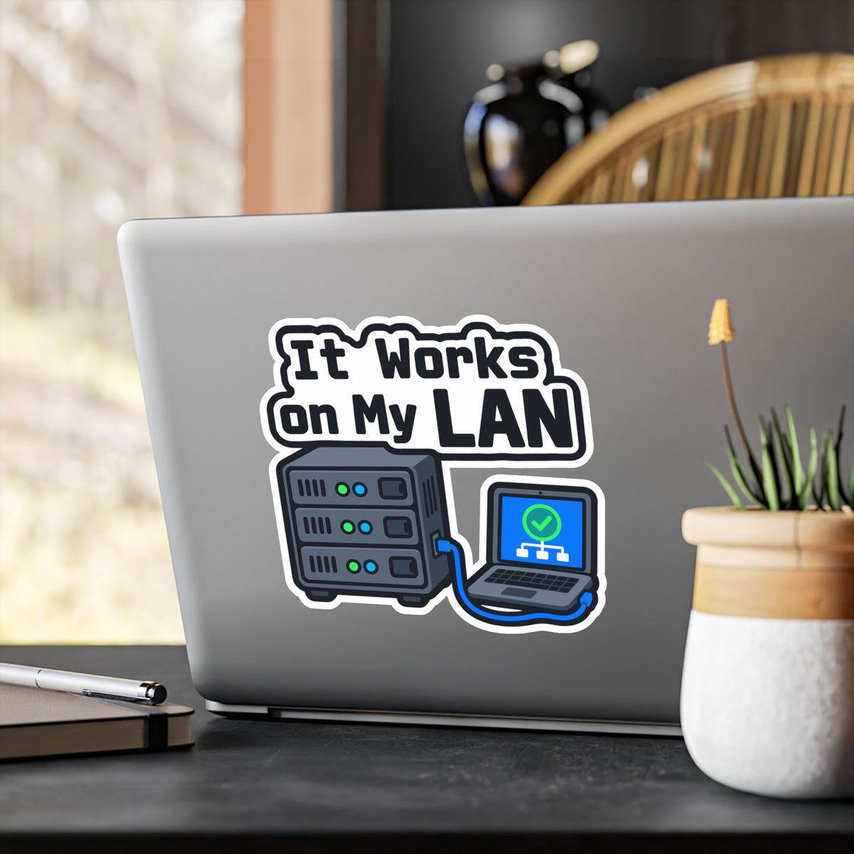 Server Sticker "It Works On My Lan" – Funny IT Decals for Laptop or Server Rack with LEDs