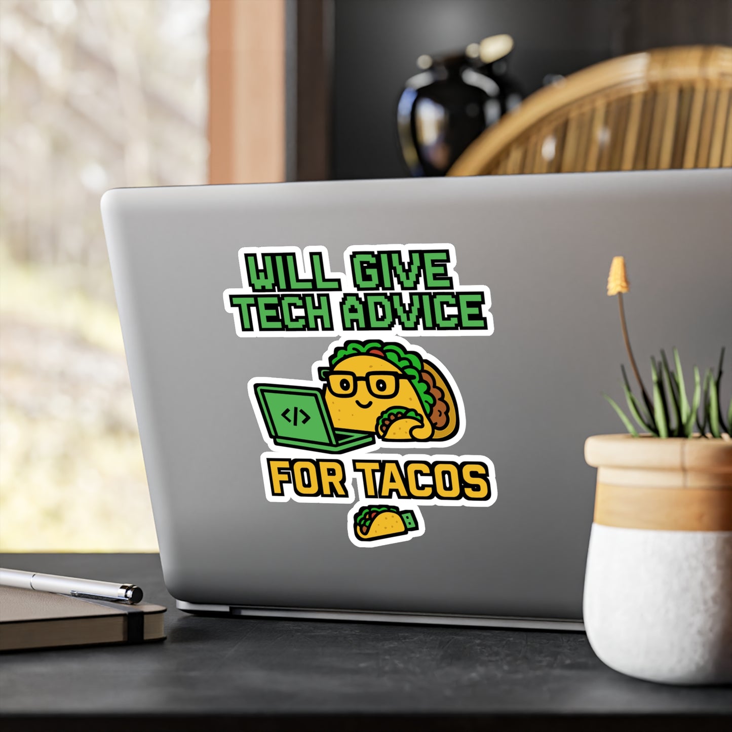 Will Give Tech Advice For Tacos – Funny Computer Sticker for Laptop, Water Bottle, and Gear | Vinyl Geek Decal, Tech Gift