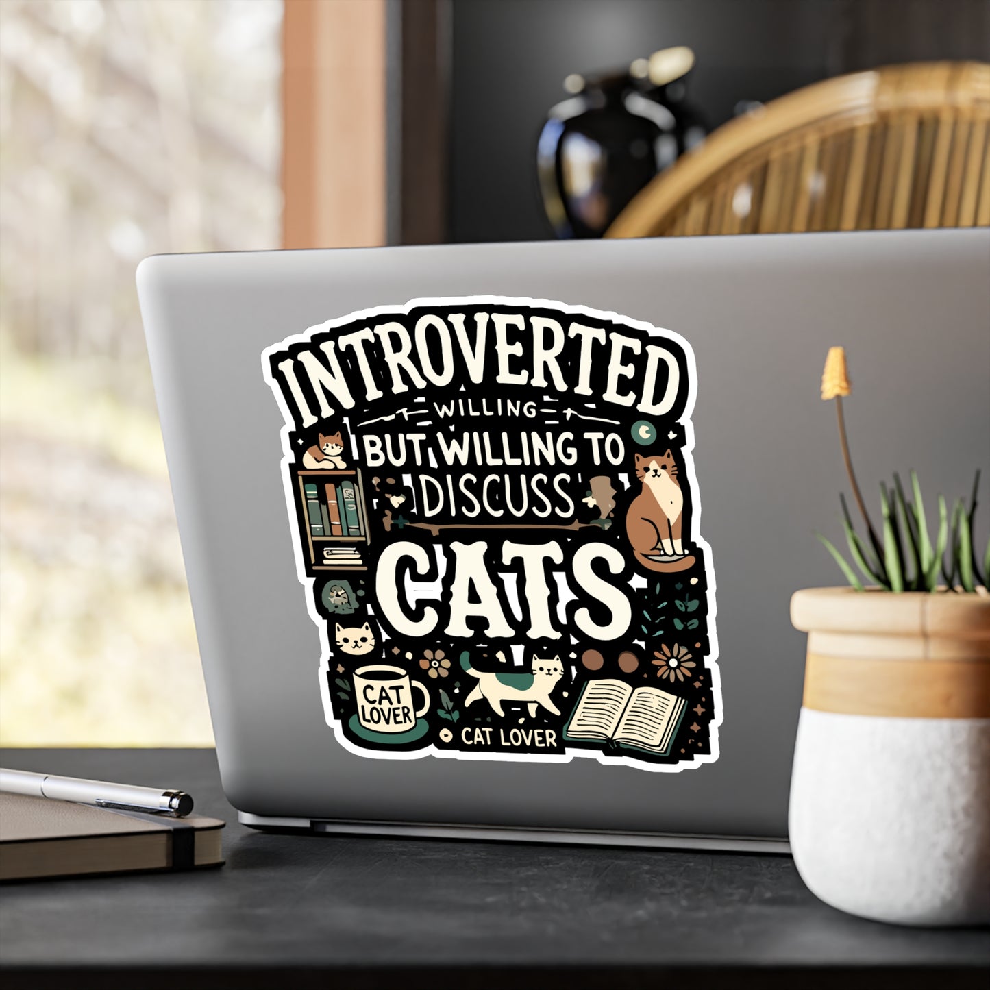 Introverted But Willing to Discuss Cats - Introvert humor Sticker for Laptop Sticker. Water Bottle Sticker, Vinyl Funny cat design Decal - Introvert humor Gift