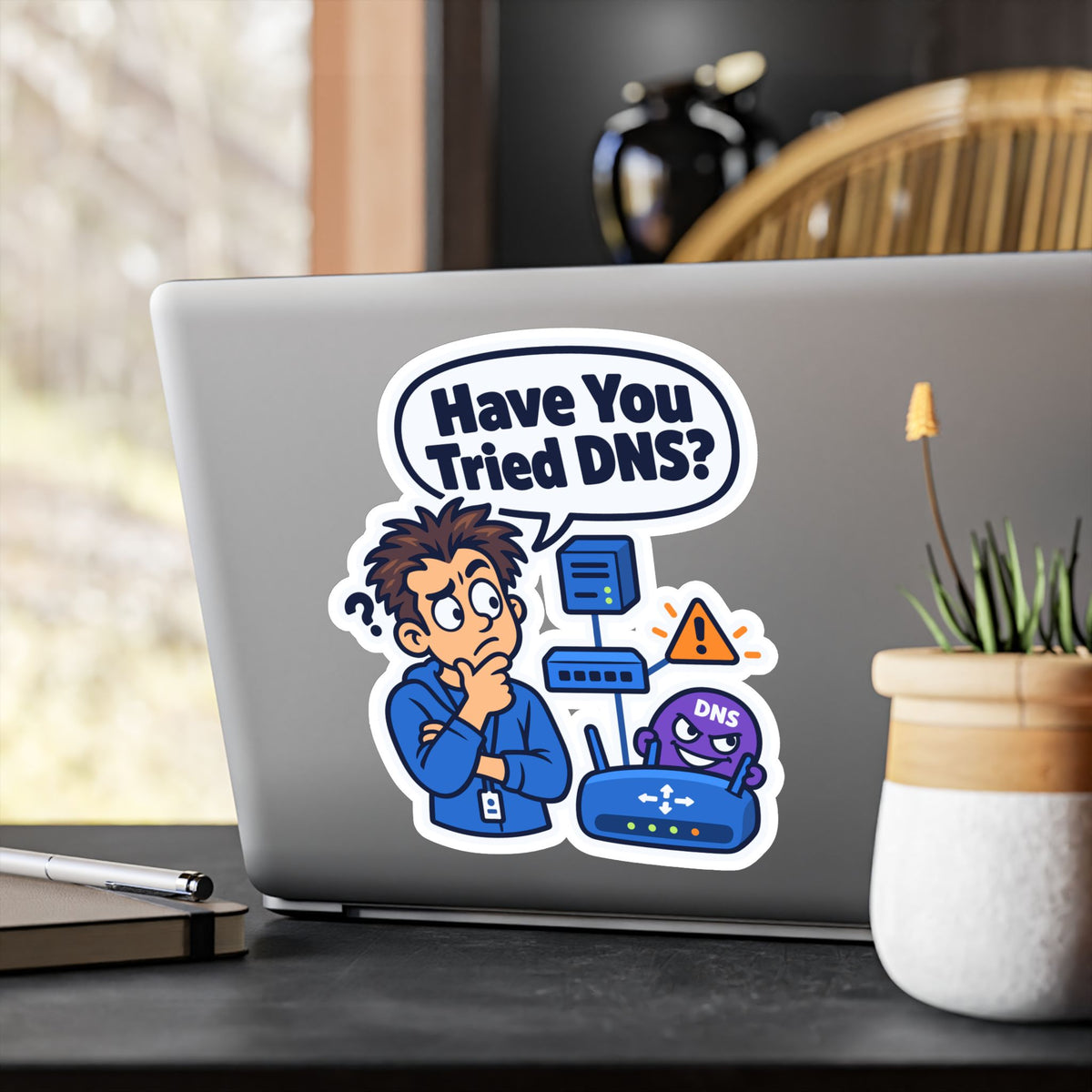 Tech Sticker "Have You Tried DNS" – Funny IT Decals with Reboot Button Humor, a Tech Bandage for Your Laptop