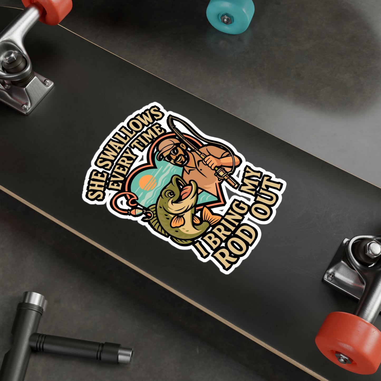 She Swallows Every Time I Bring My Rod Out – Funny Fishing Sticker for Laptop or Water Bottle | Vinyl Angling Decal, Fisherman Gift