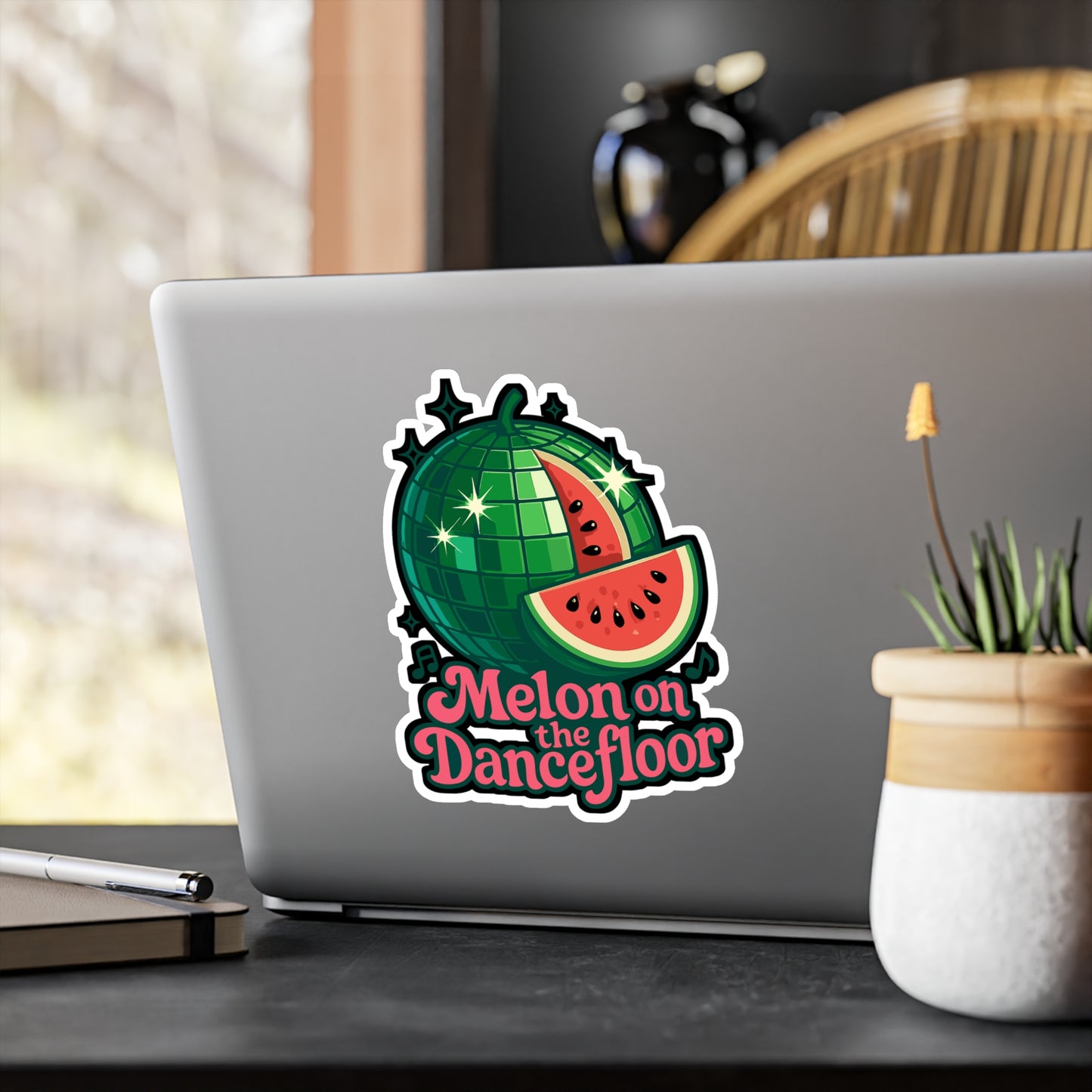 Watermelon Sticker Decals – Melon On The Dancefloor Disco Mirrorball Neon Design, Waterproof Vinyl for Laptop, Water Bottle
