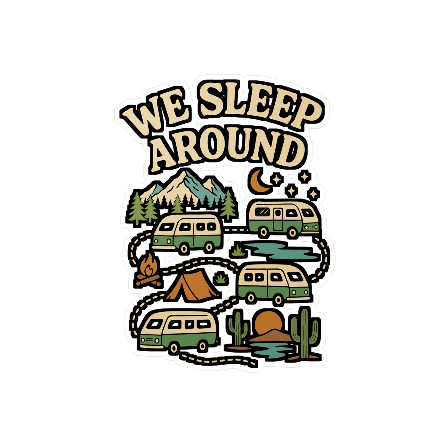 We Sleep Around – Camping Sticker for Car Window or Laptop | Vinyl Decal for Water Bottle, Outdoor Sleep Design, Adventure Gift