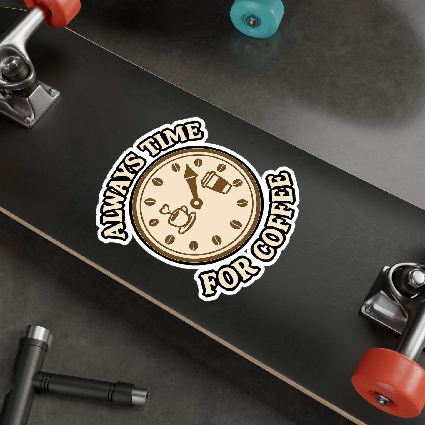 Coffee Sticker "Always Time For Coffee" – Espresso Vinyl Decals for Laptop, Water Bottle – Caffeine Clock Design, Waterproof