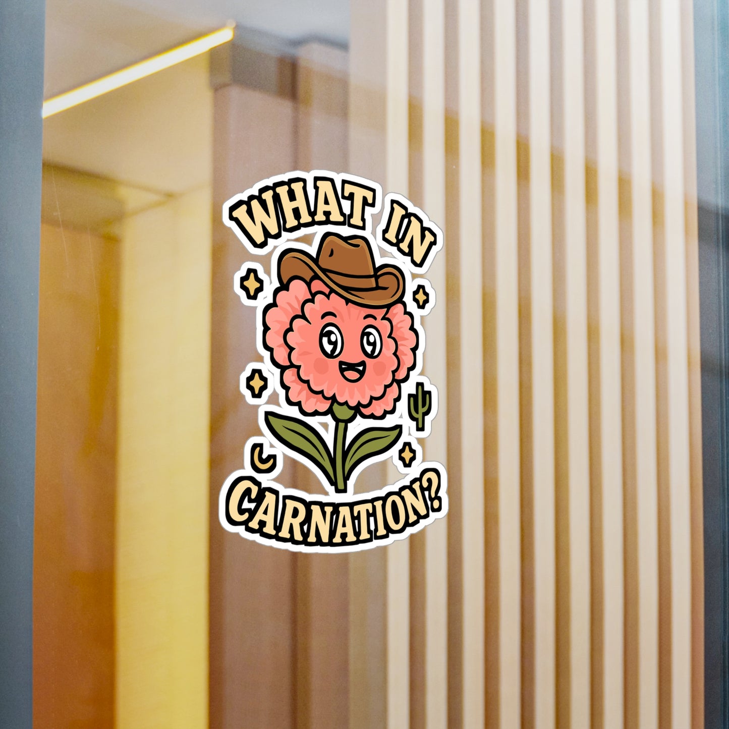 Cowboy Sticker – Kawaii "What In Carnation" Decals, Flower Pun Design, Waterproof Vinyl for Laptop, Water Bottle