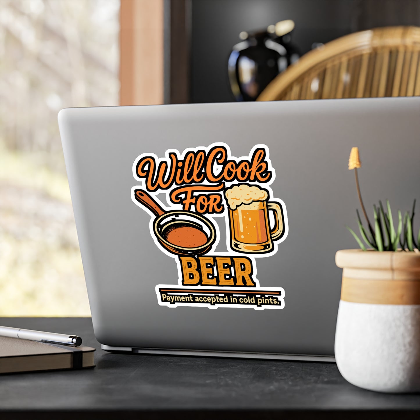 Will Cook for Beer – Funny Culinary Sticker for Laptop, Car Window or Water Bottle | Vinyl Cooking Decal, Chef Gift, Beer Lover Present