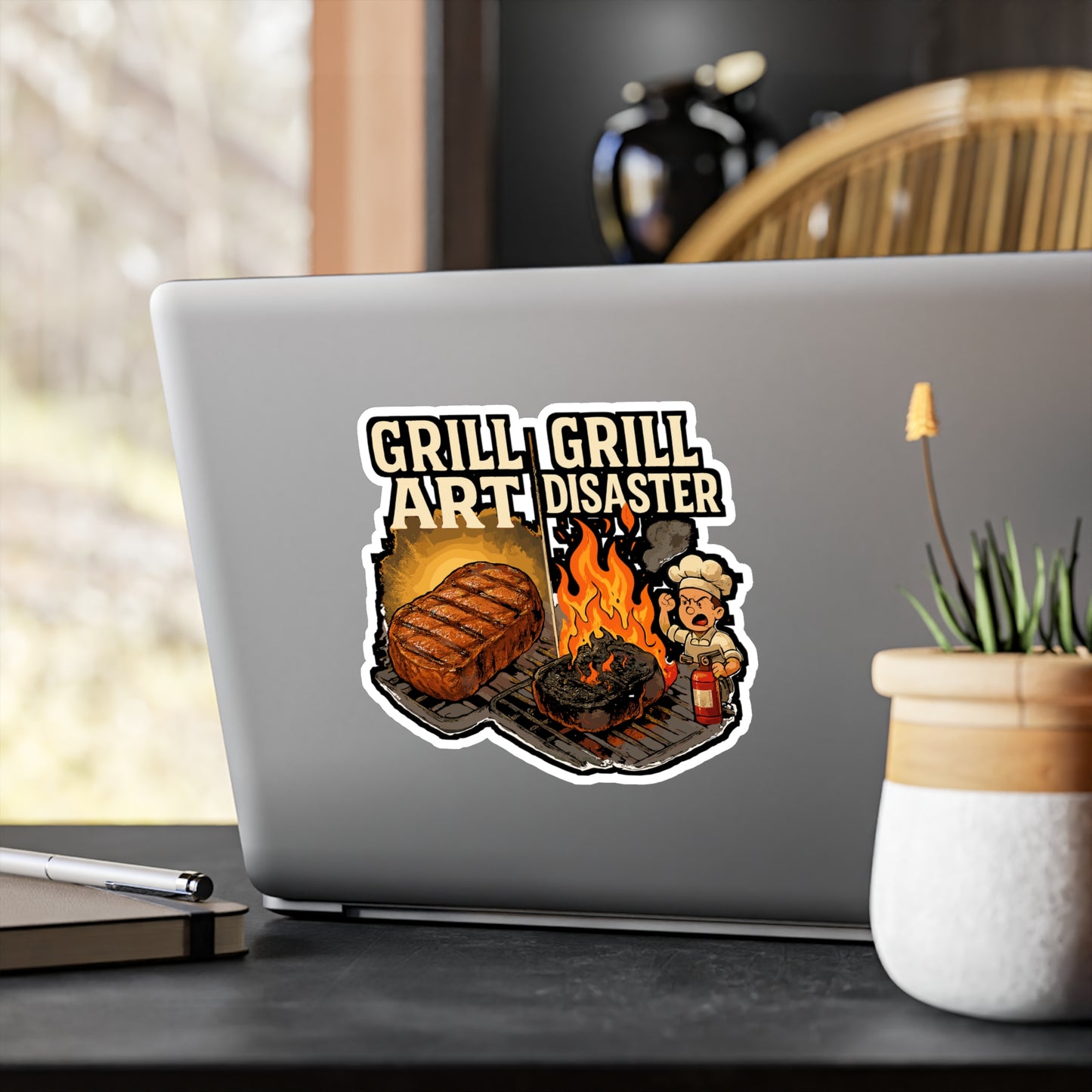 BBQ Sticker – Grill Art Vs Grill Disaster Decals, Waterproof Vinyl for Laptop or Water Bottle, Grilling Flames, Steak Lover Accessory