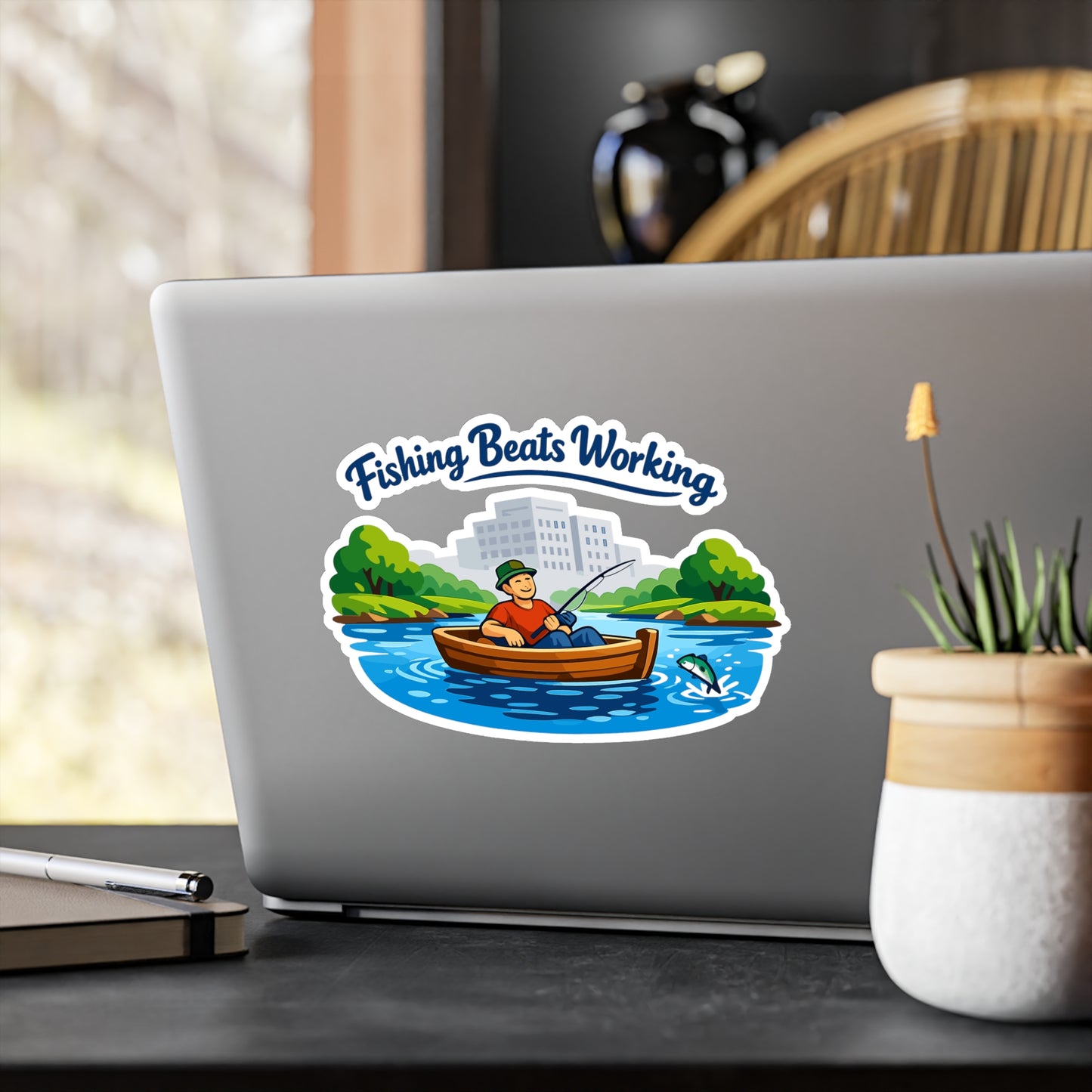 Fishing Sticker "Fishing Beats Working" Waterproof Vinyl Decals for Laptop, Water Bottle, Angling Lake Boating Fun