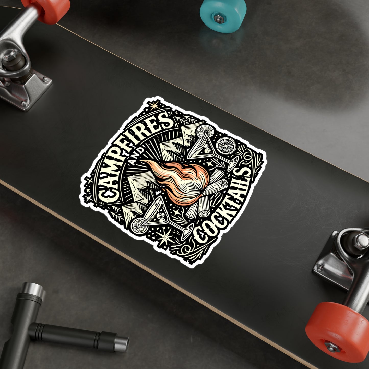 Campfires and Cocktails – Vinyl Sticker for Laptop or Water Bottle | Camping & Cocktail Lover Gift