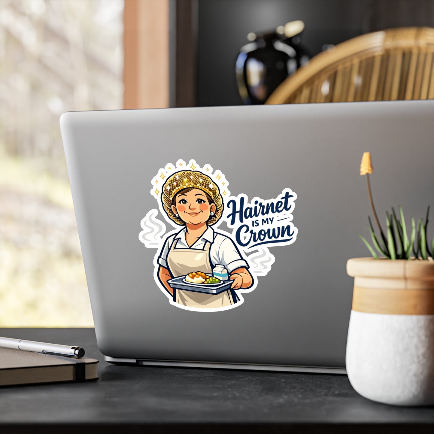Lunch Lady Sticker Hairnet Is My Crown Funny Lunch Canteen School Waterproof Vinyl Decals for Laptop Water Bottle