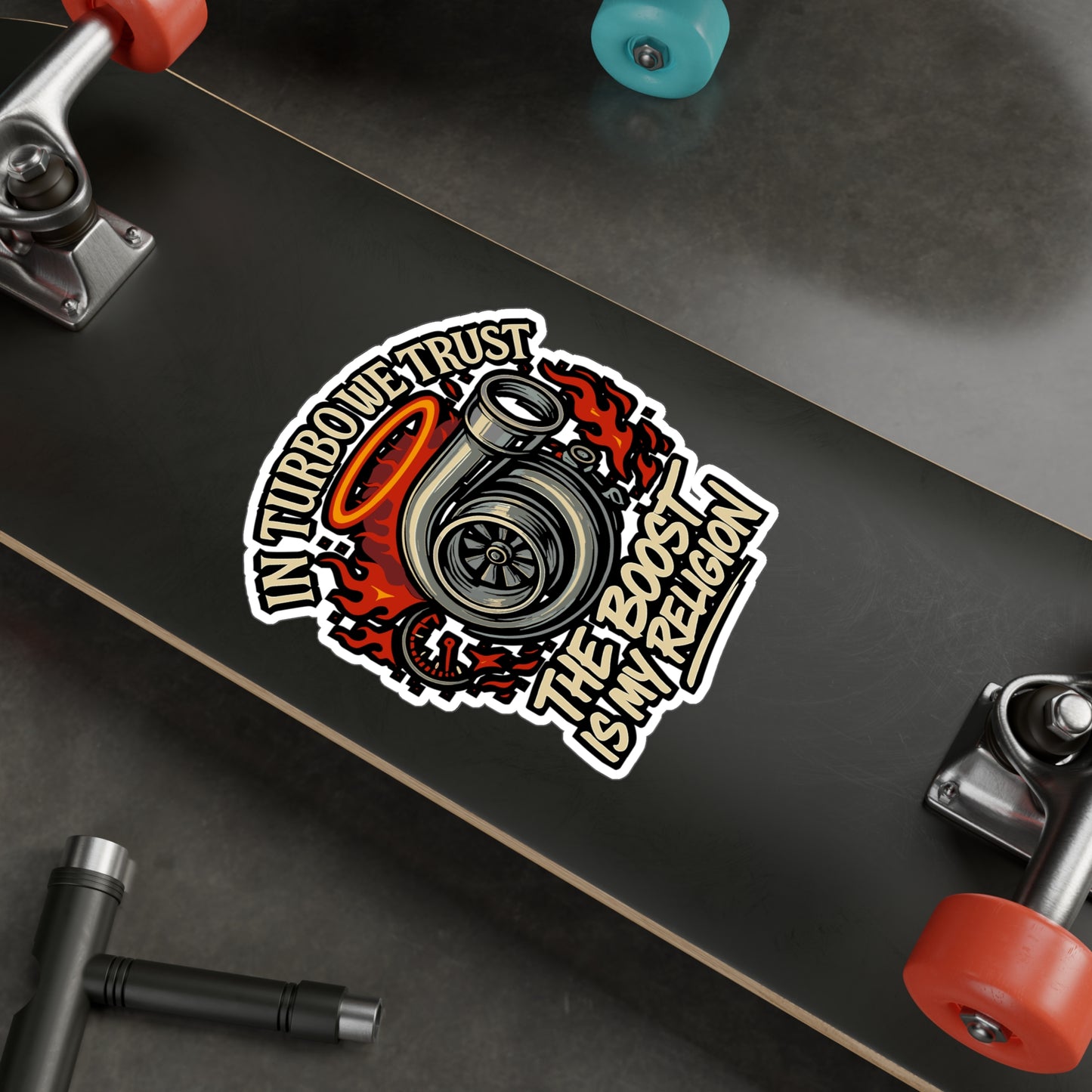 In Turbo We Trust The Boost Is My Religion - Turbo Sticker for Car, Laptop, Water Bottle - Gift for Car Enthusiasts, Tuning Fans