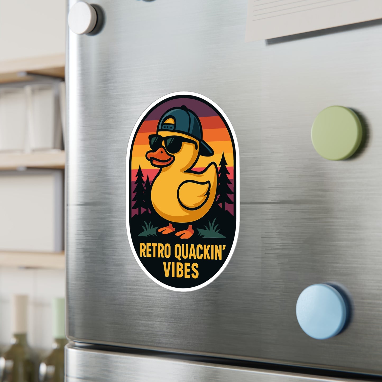 Cool Duck In Sunset Mountains - Retro Sticker for Laptop, Water Bottle, Gift for Teens and Vintage Lovers